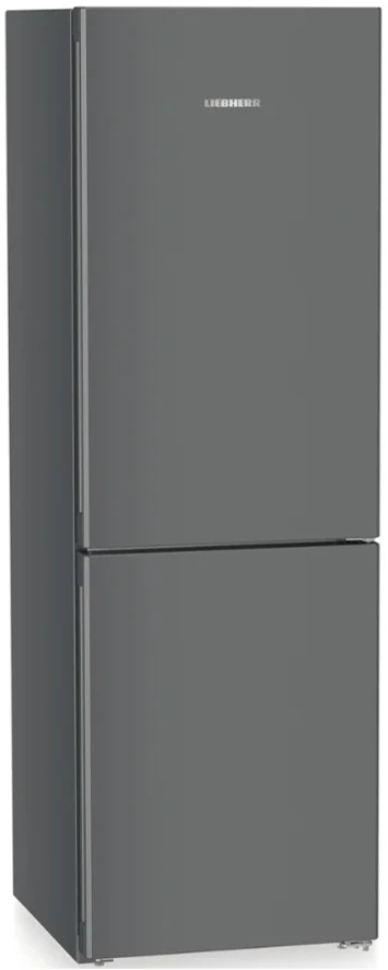 Ein grauer Liebherr-Kühlschrank. Er hat zwei Türen, die obere ist größer. Der Markenname steht auf der oberen Tür.