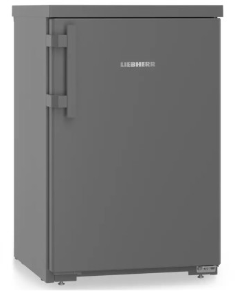 Ein grauer Liebherr-Minikühlschrank mit Griff links, Markenname auf der Tür und verstellbaren Füßen.