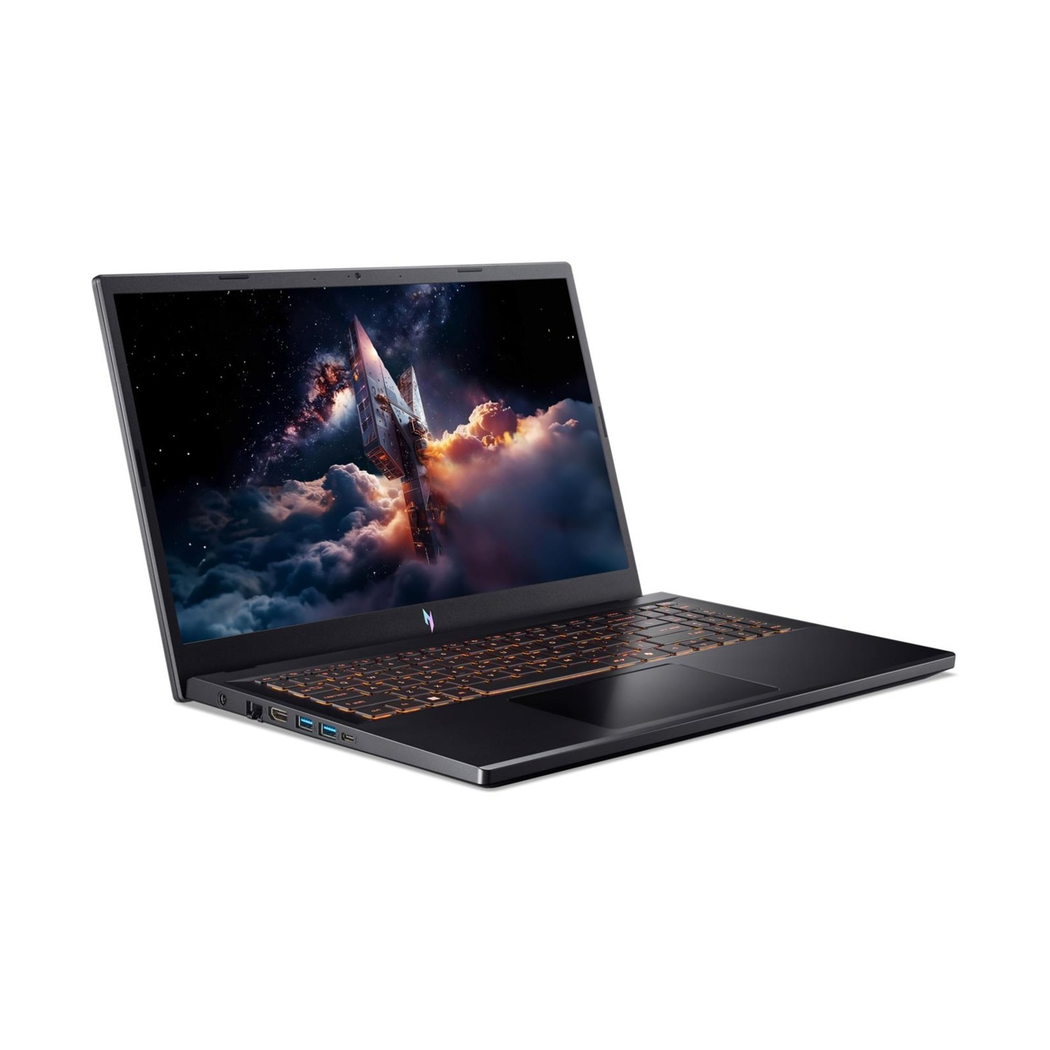 Un laptop nero mostra un razzo che attraversa le nuvole nello spazio. La tastiera è illuminata di arancione.