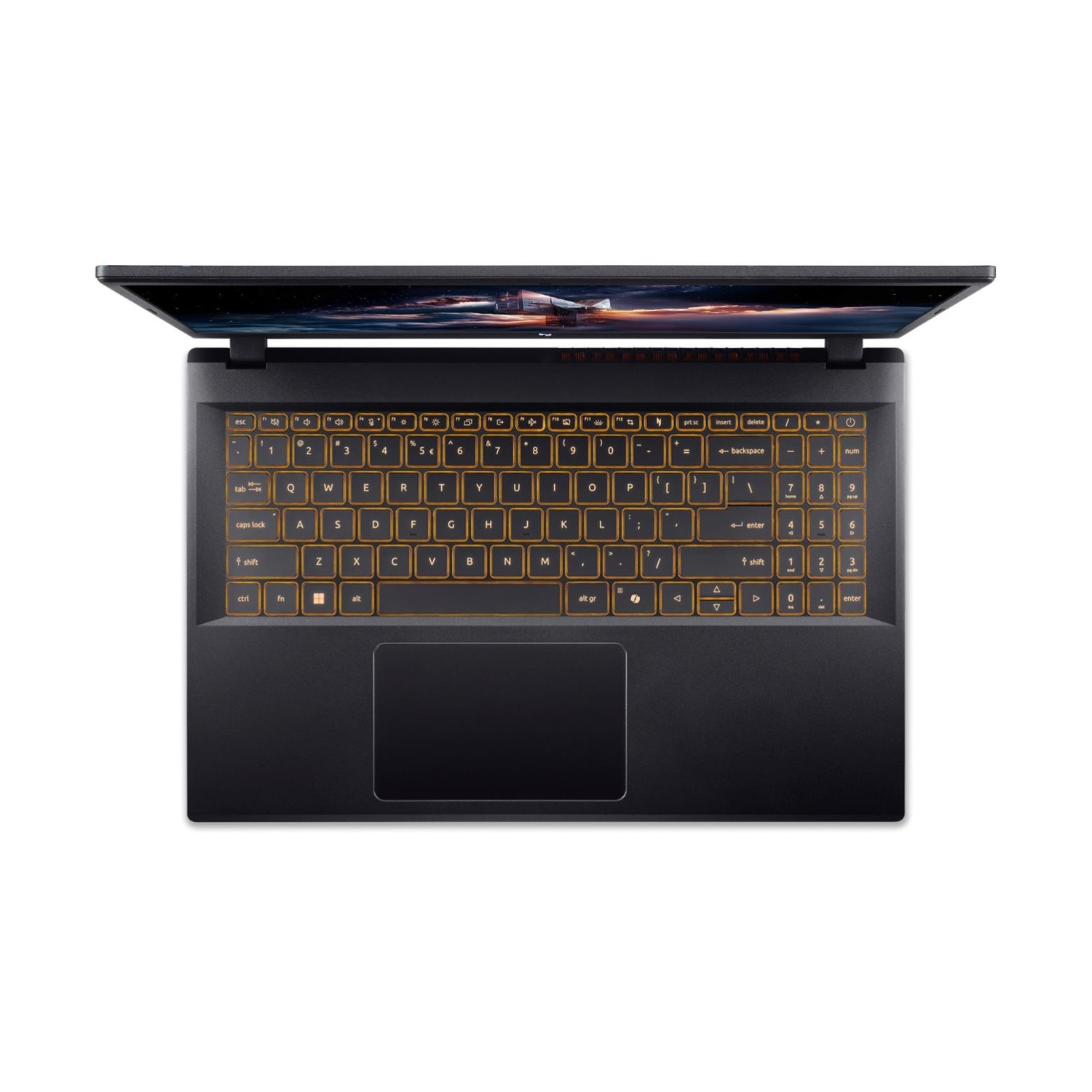 Laptop nero con tastiera retroilluminata arancione, aperto. Lo schermo mostra una scena spaziale. Il touchpad è centrato.
