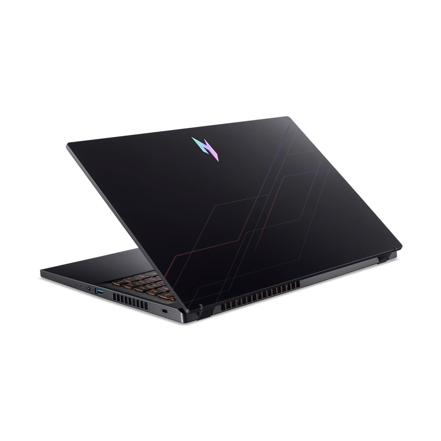 Laptop nero con coperchio aperto, mostra la tastiera. Il coperchio ha logo e linee geometriche. Su sfondo bianco.