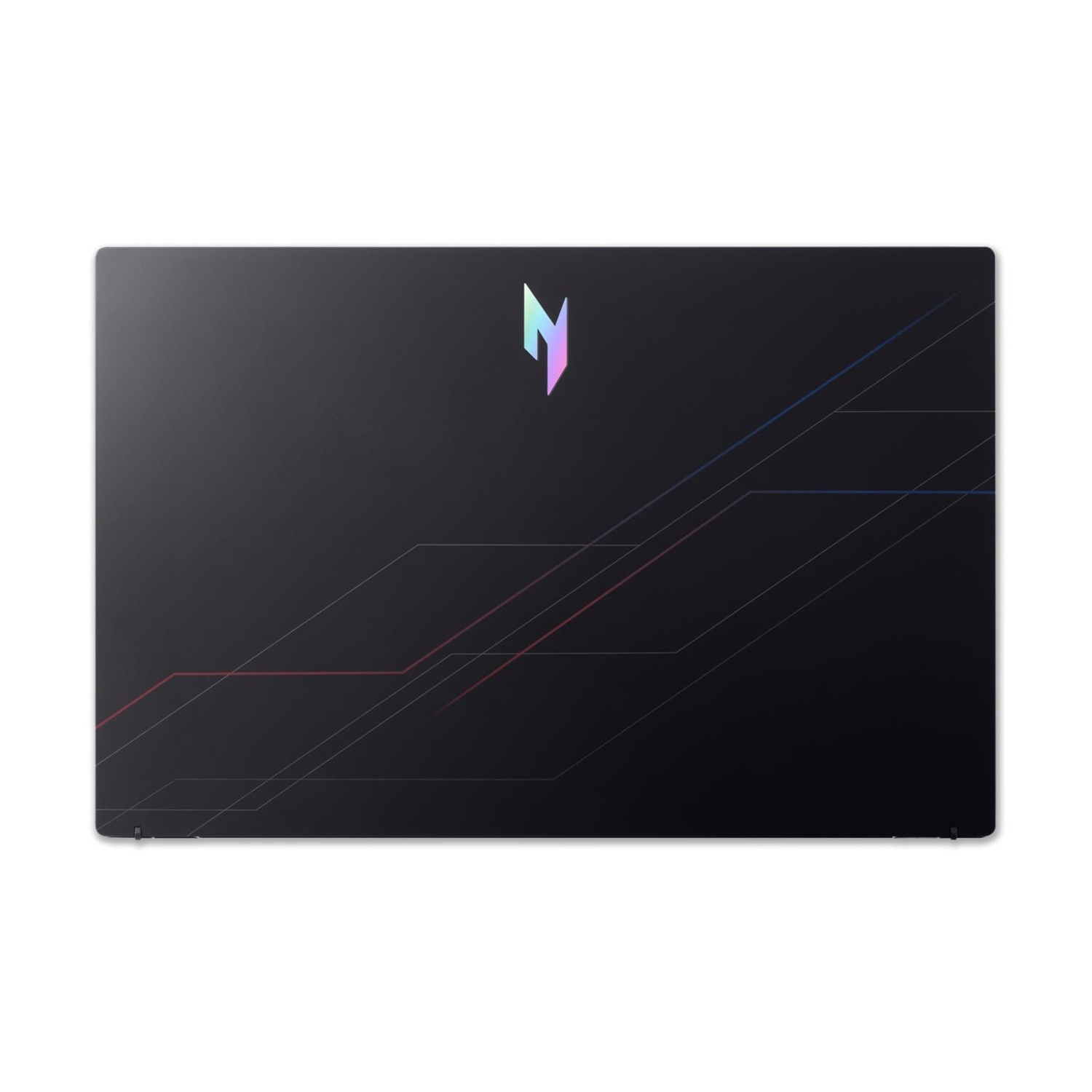 Coperchio nero del laptop con logo multicolore e linee su sfondo bianco.