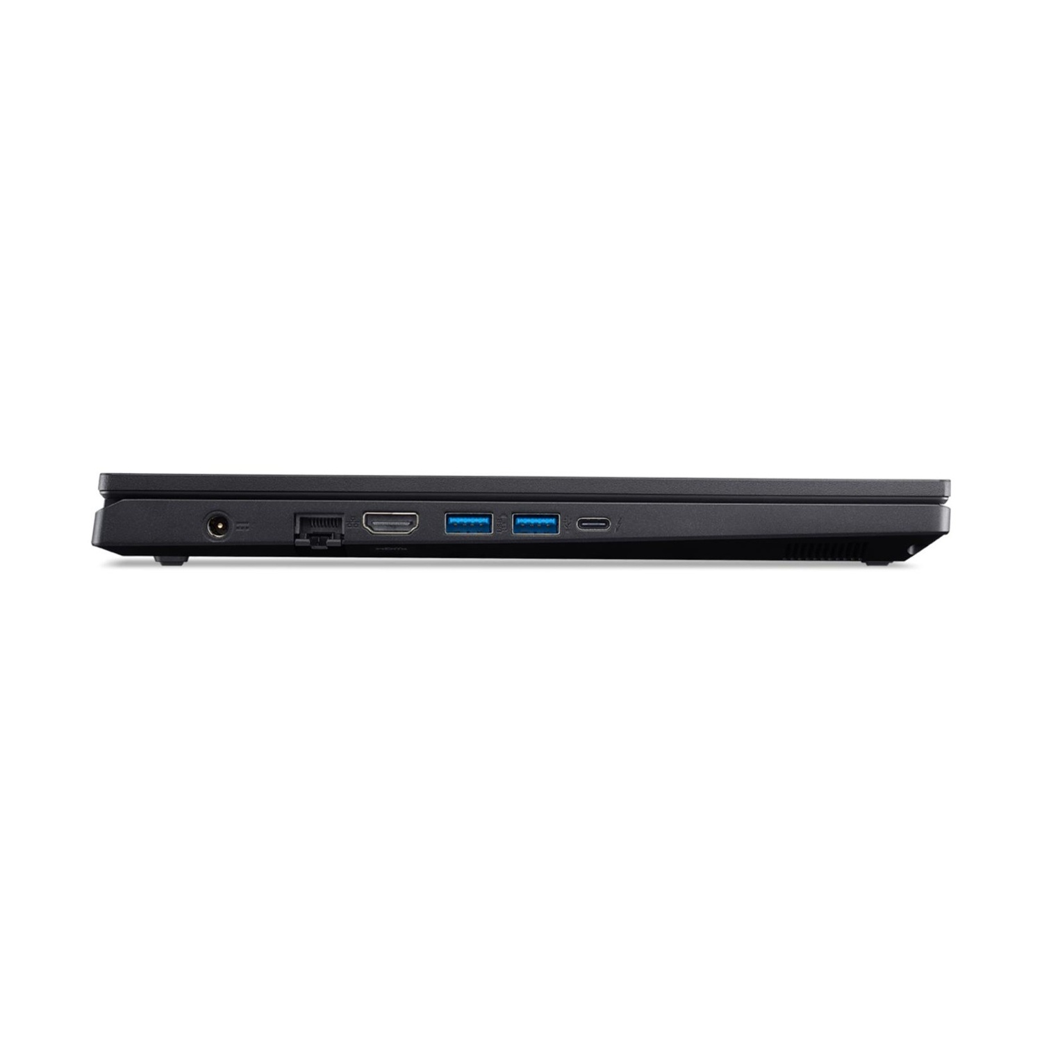 Vista laterale di un laptop nero. Le porte visibili includono alimentazione, HDMI e USB. Il laptop è su sfondo bianco.
