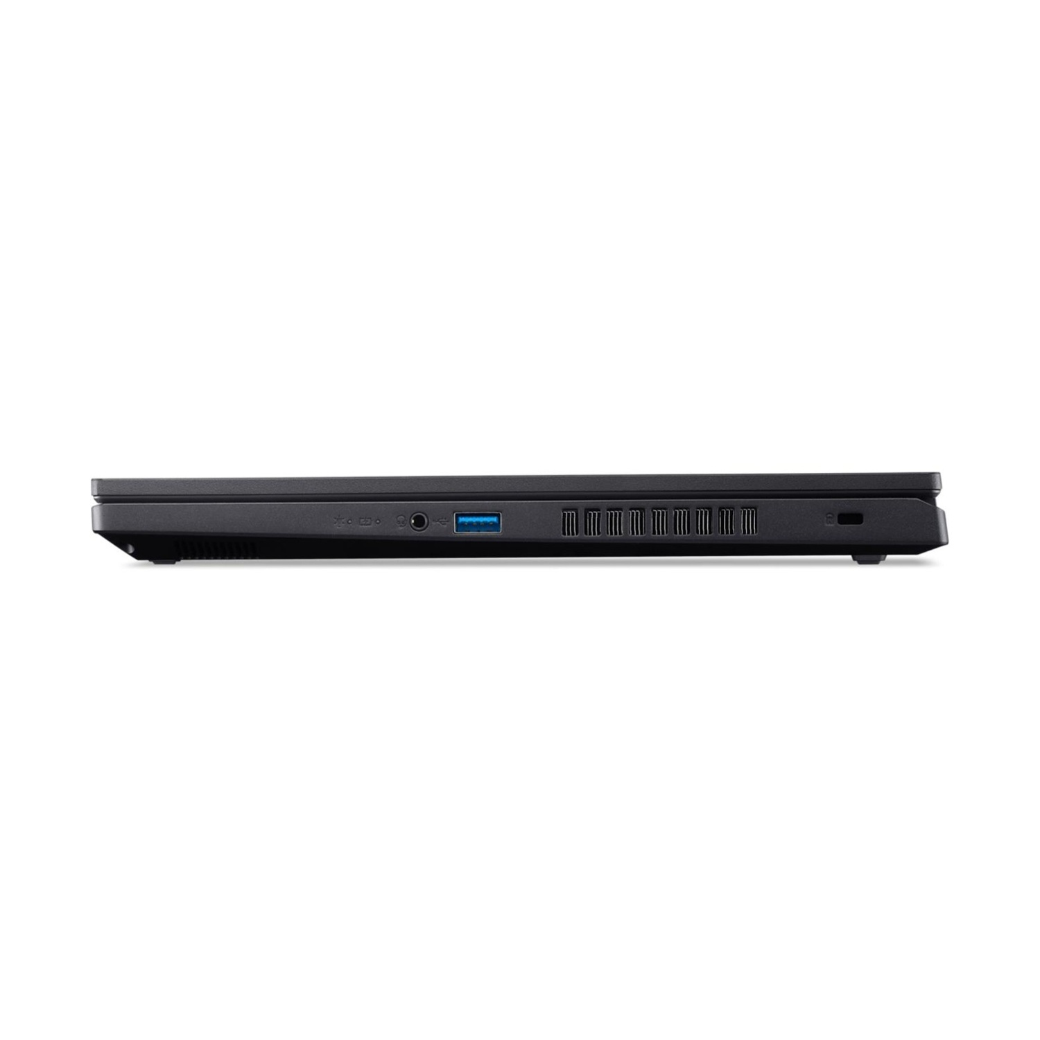 Vista laterale di un laptop nero. Visibili le porte: USB, jack audio e griglie di ventilazione. Il laptop è su sfondo bianco.