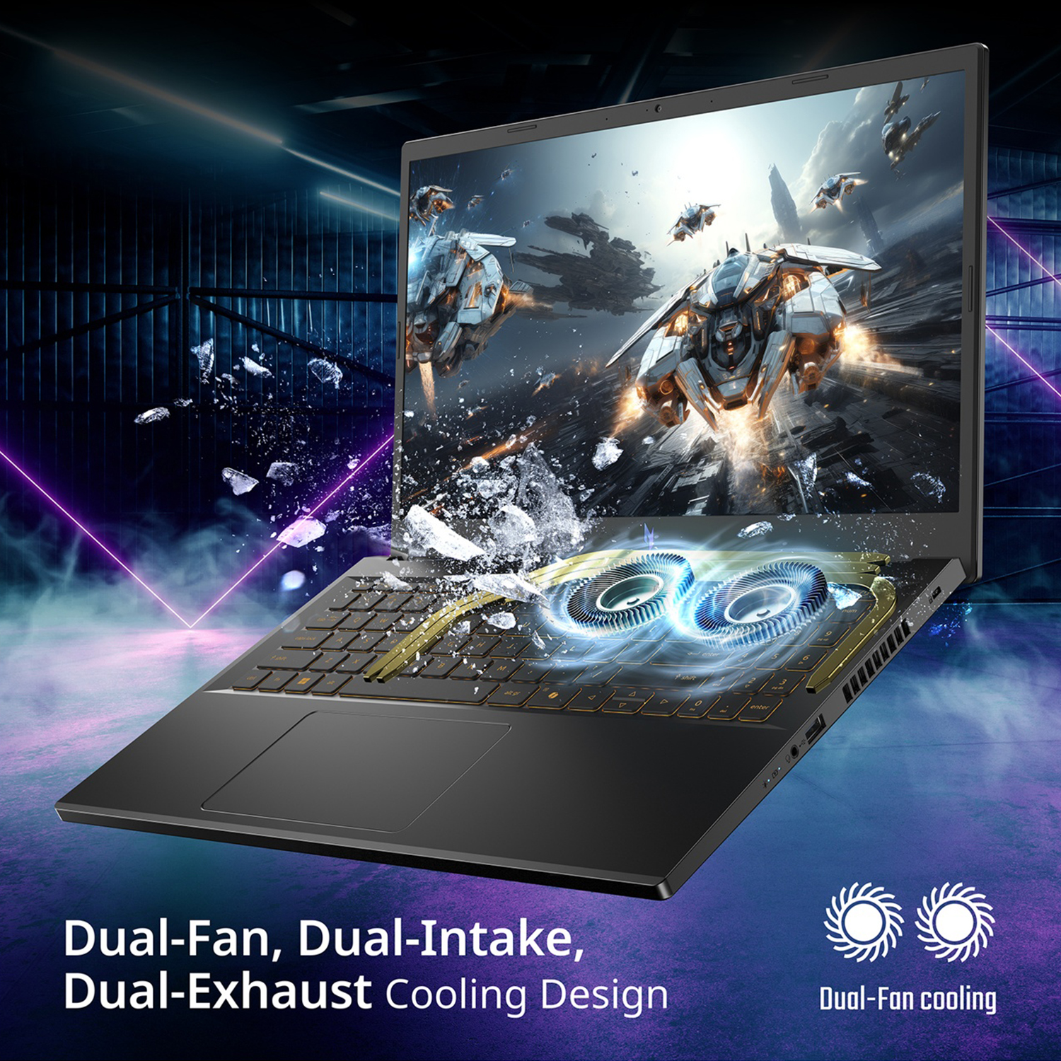 Un laptop nero mostra un gioco di fantascienza con astronavi. Sono visibili ventole di raffreddamento e tastiera. Testo: Design di raffreddamento a doppia ventola.
