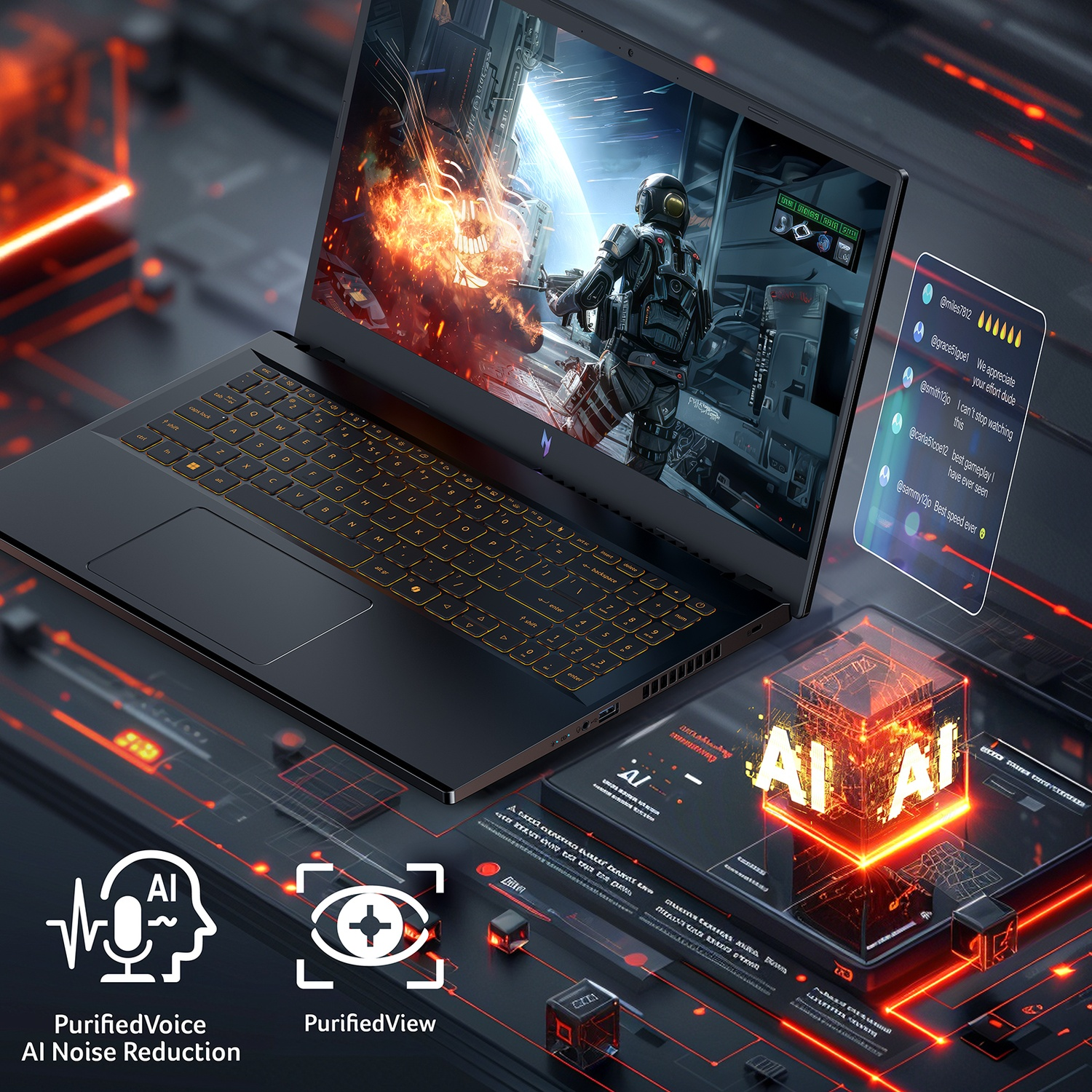 Un laptop mostra una scena di battaglia spaziale. Sono presenti anche loghi AI, un feed di social media e icone per la riduzione del rumore e la visualizzazione AI.