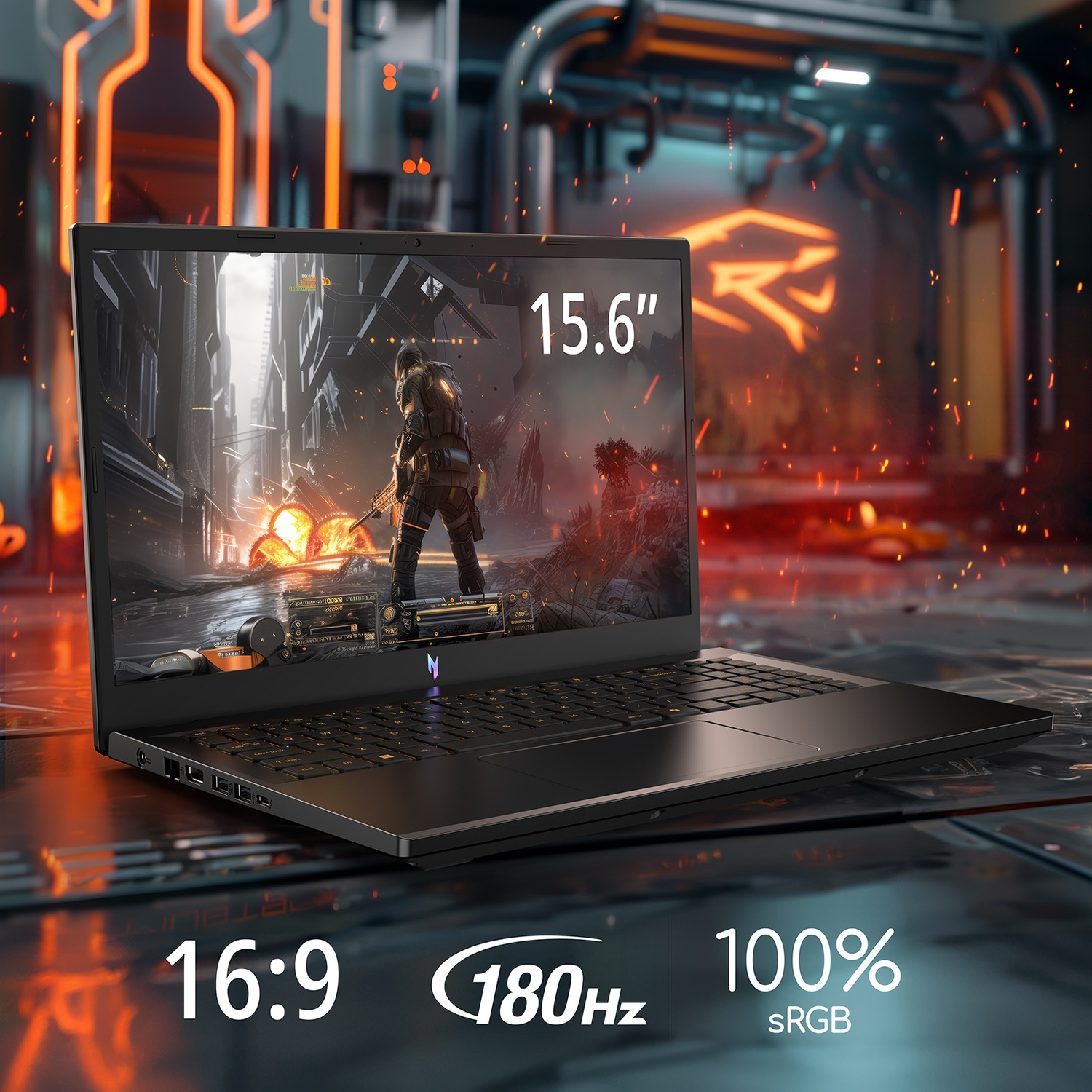 Laptop nero che mostra una scena di gioco. Ha uno schermo da 15,6", un rapporto 16:9, una frequenza di aggiornamento di 180Hz.
