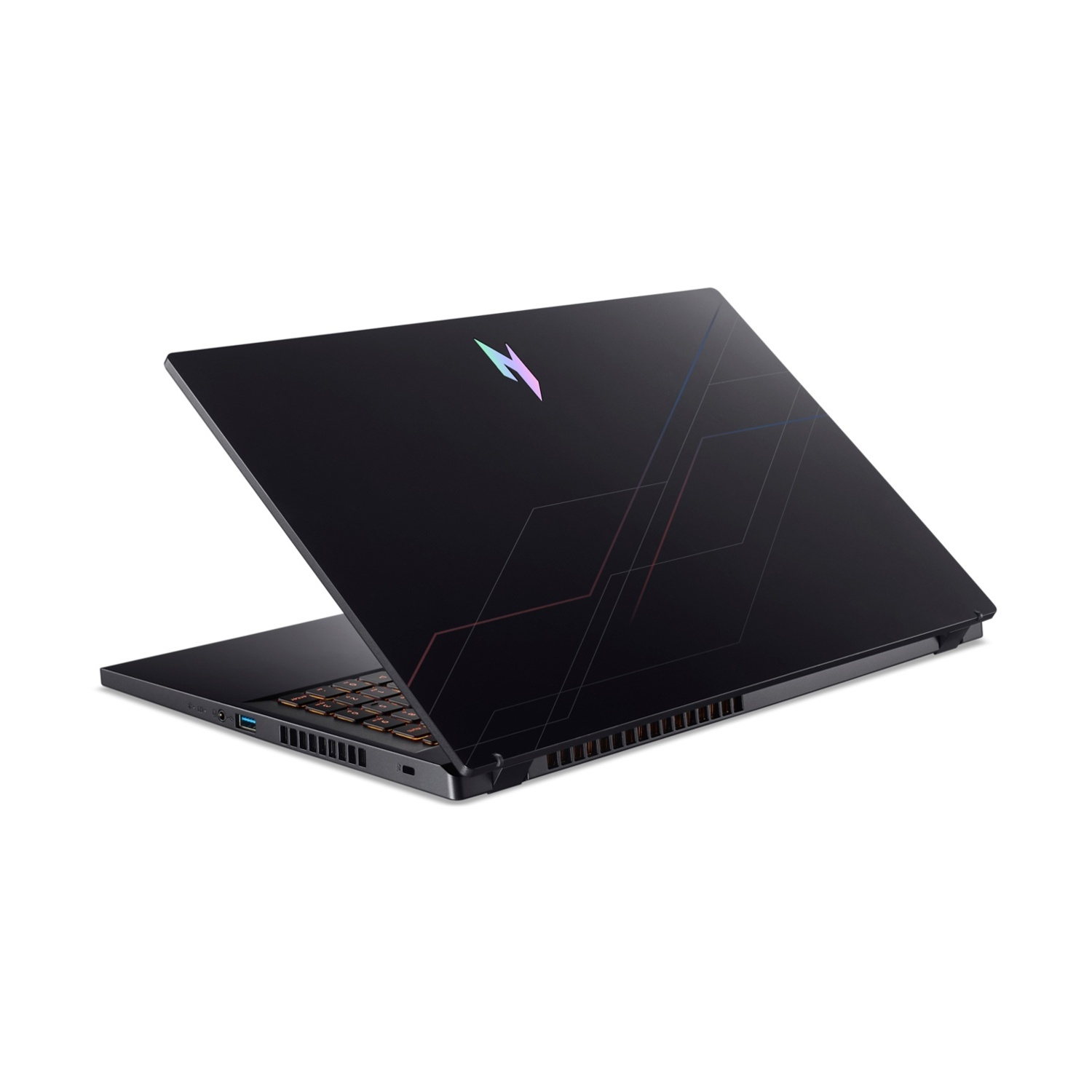 Laptop nero, leggermente aperto. Tastiera retroilluminata visibile. Coperchio con logo e design geometrico.