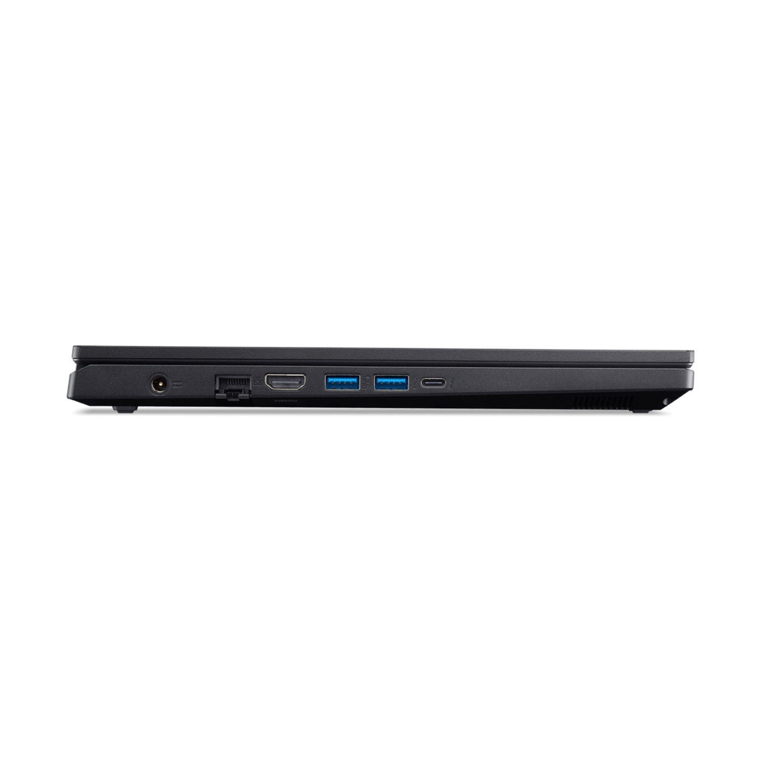 Vista laterale di un laptop nero. Le porte includono alimentazione, HDMI e USB. Il laptop è su sfondo bianco.
