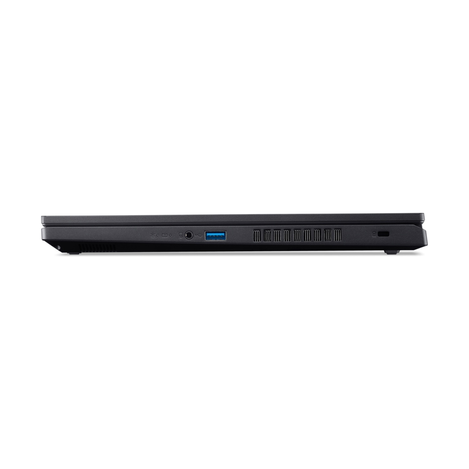 Vista laterale di un laptop nero. Le porte visibili includono USB, jack audio e griglie di ventilazione, su sfondo bianco.