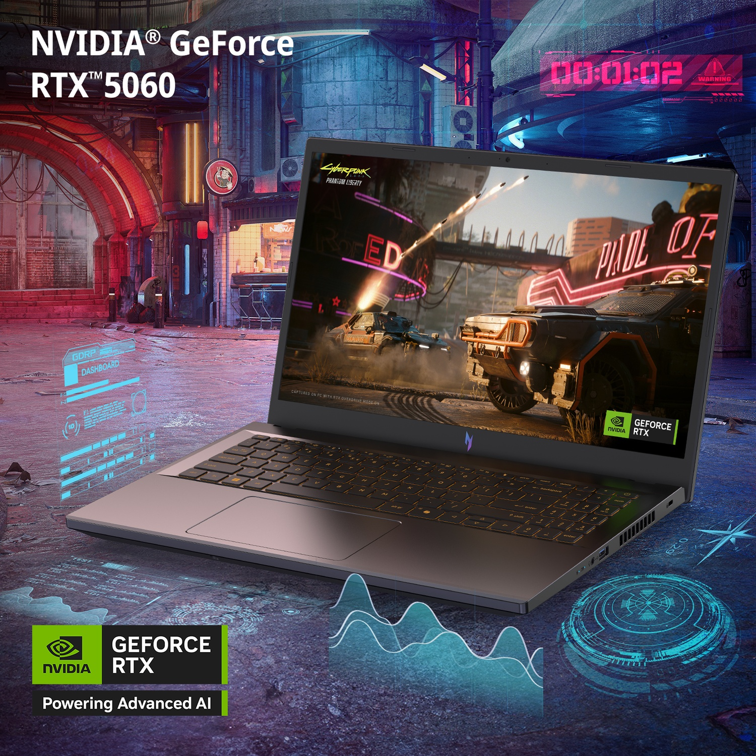 Un laptop da gioco mostra una scena del gioco Cyberpunk. Logo NVIDIA GeForce RTX 5060 visibile. Lo sfondo è una città futuristica.