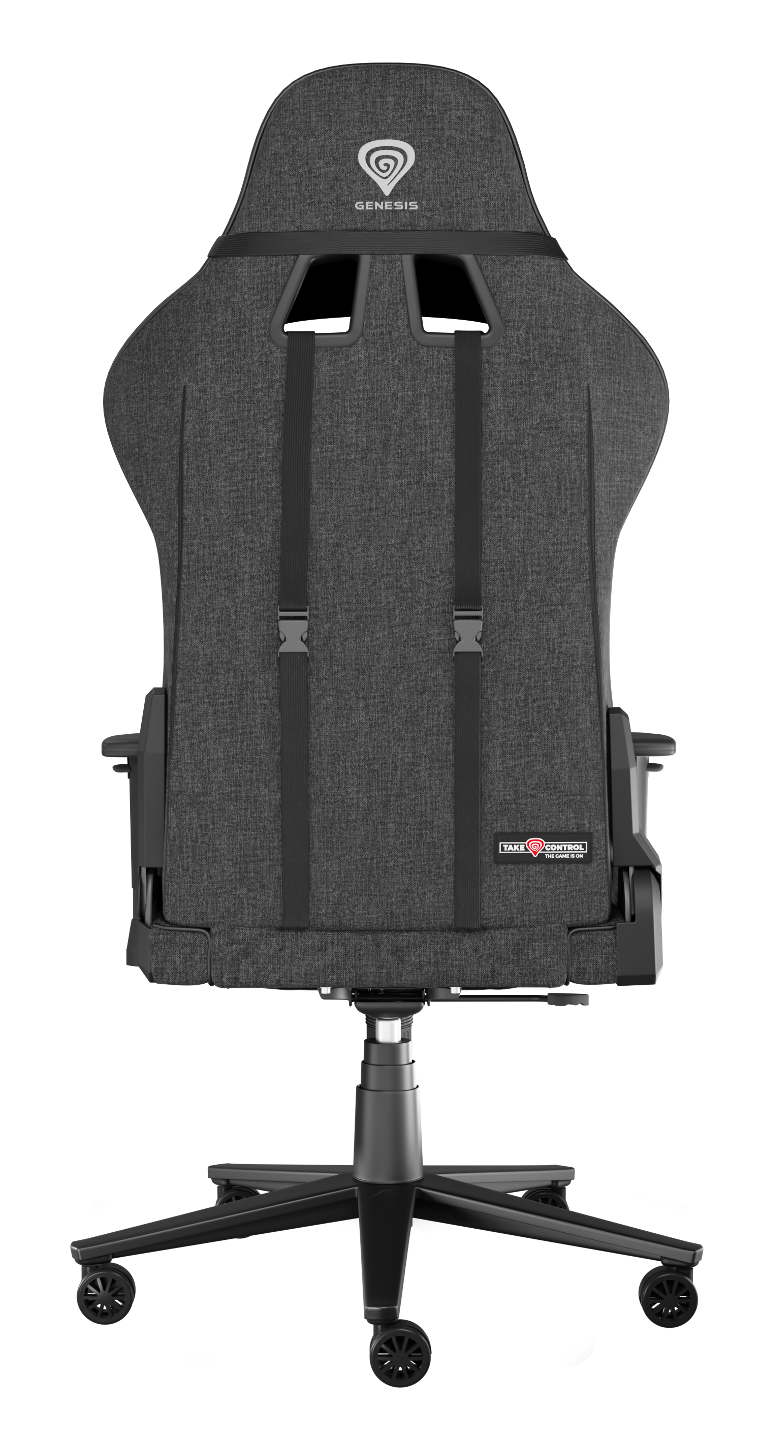 Szare krzesło gamingowe Genesis na czarnym tle. Ma logo na oparciu. Widoczne paski i klamry.