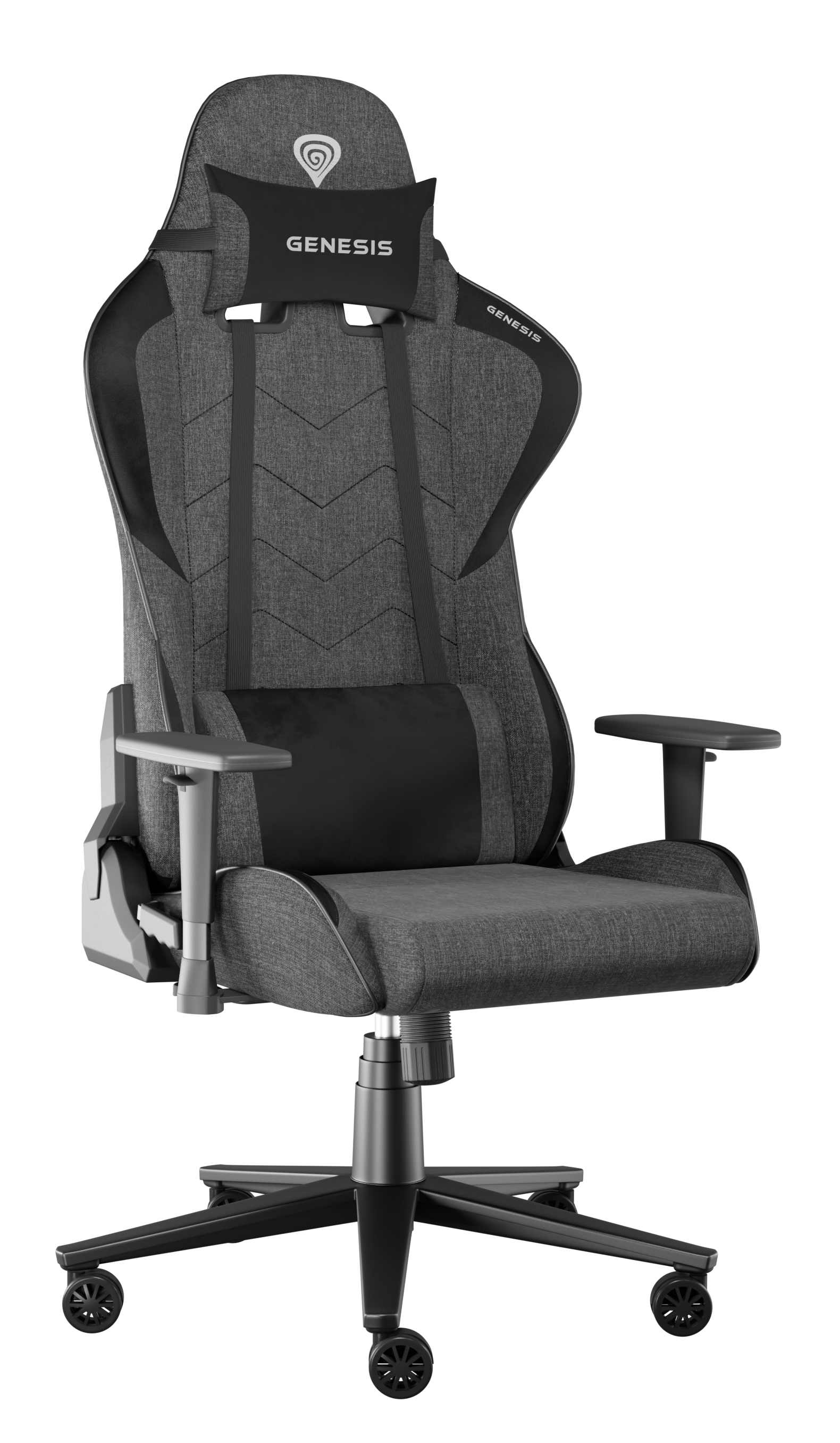 Szary fotel gamingowy Genesis na czarnym tle. Ma zagłówek, podłokietniki i podstawę na pięciu kółkach.