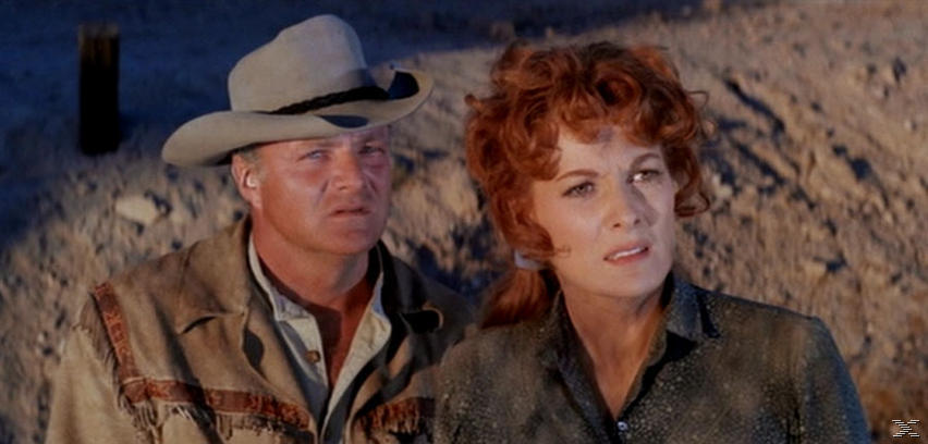 Ein Mann mit Cowboyhut und eine Frau mit roten Haaren blicken besorgt aus dem Bild. Hintergrund ist eine Wüstenlandschaft.
