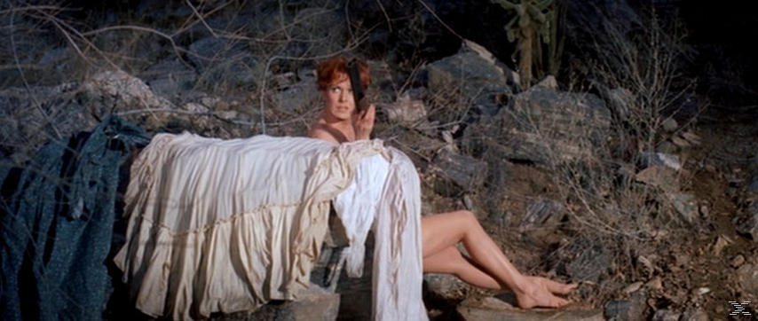 Eine Frau mit roten Haaren sitzt hinter einem weißen Tuch. Felsen und spärliche Vegetation füllen den Hintergrund. Sie hält eine Waffe.