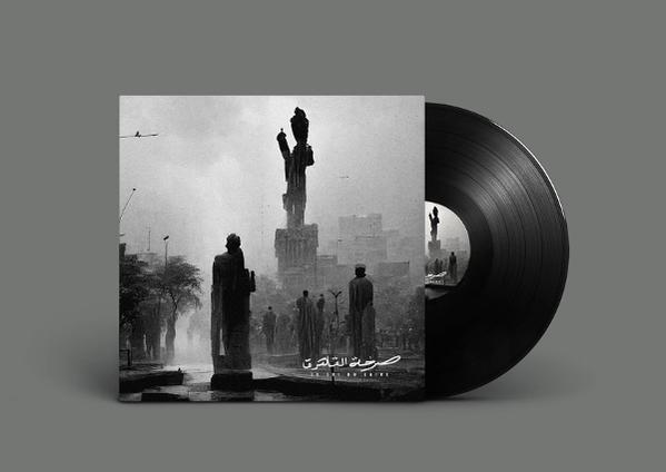 Monochrome Albumcover zeigt Statuen in einer Stadt. Eine Schallplatte ist rechts. Gebäude und Menschen sind im Hintergrund.