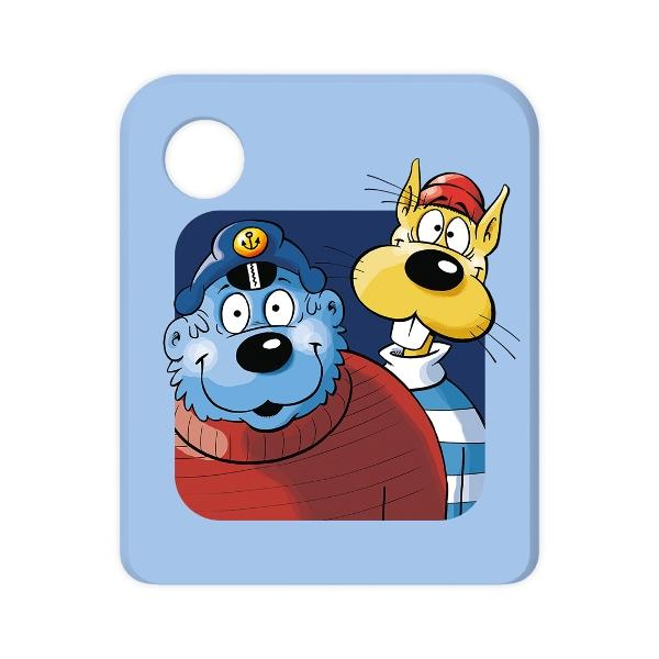 Cartoonbild von zwei Figuren. Einem blauen bärenartigen mit Matrosenmütze und rotem Pullover. Einem gelben Hund mit roter Kappe.