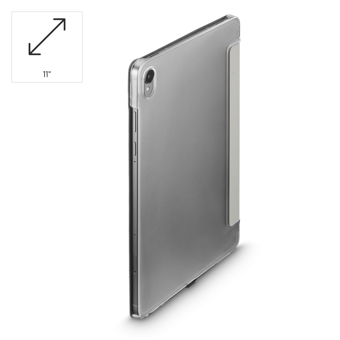 Ein 11-Zoll-Tablet in einer transparenten Hülle. Auf der rechten Seite des Tablets ist eine weiße Abdeckung angebracht. Der Hintergrund ist weiß.