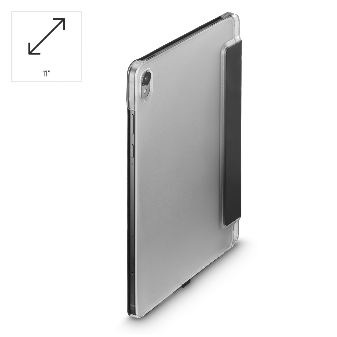 Ein silbernes Tablet mit schwarzem Cover in einer transparenten Hülle. Eine 11" Größenangabe befindet sich links oben.