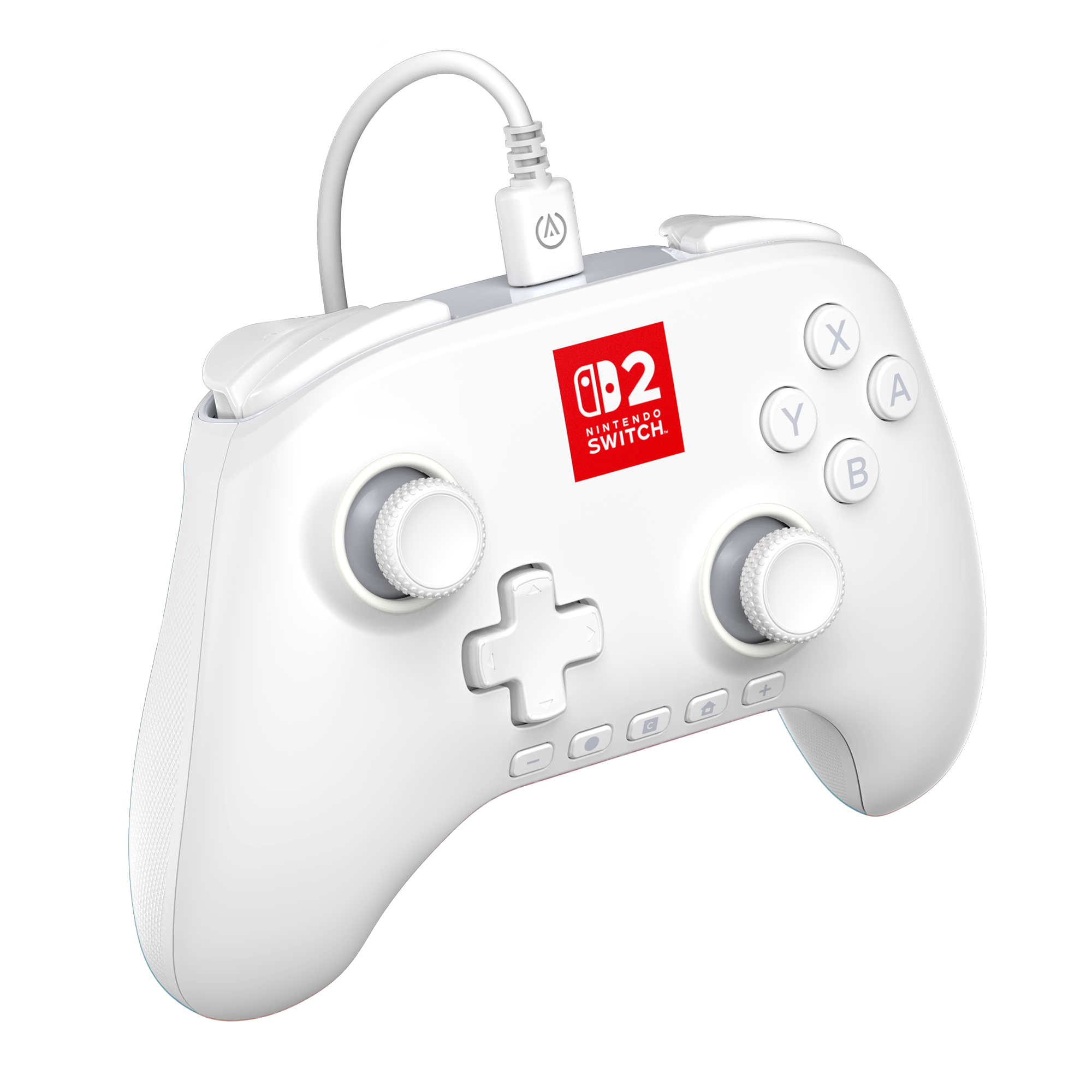 Düğmeler, joystickler ve bağlı bir şarj kablosu olan beyaz Nintendo Switch Pro Kontrol Cihazı.