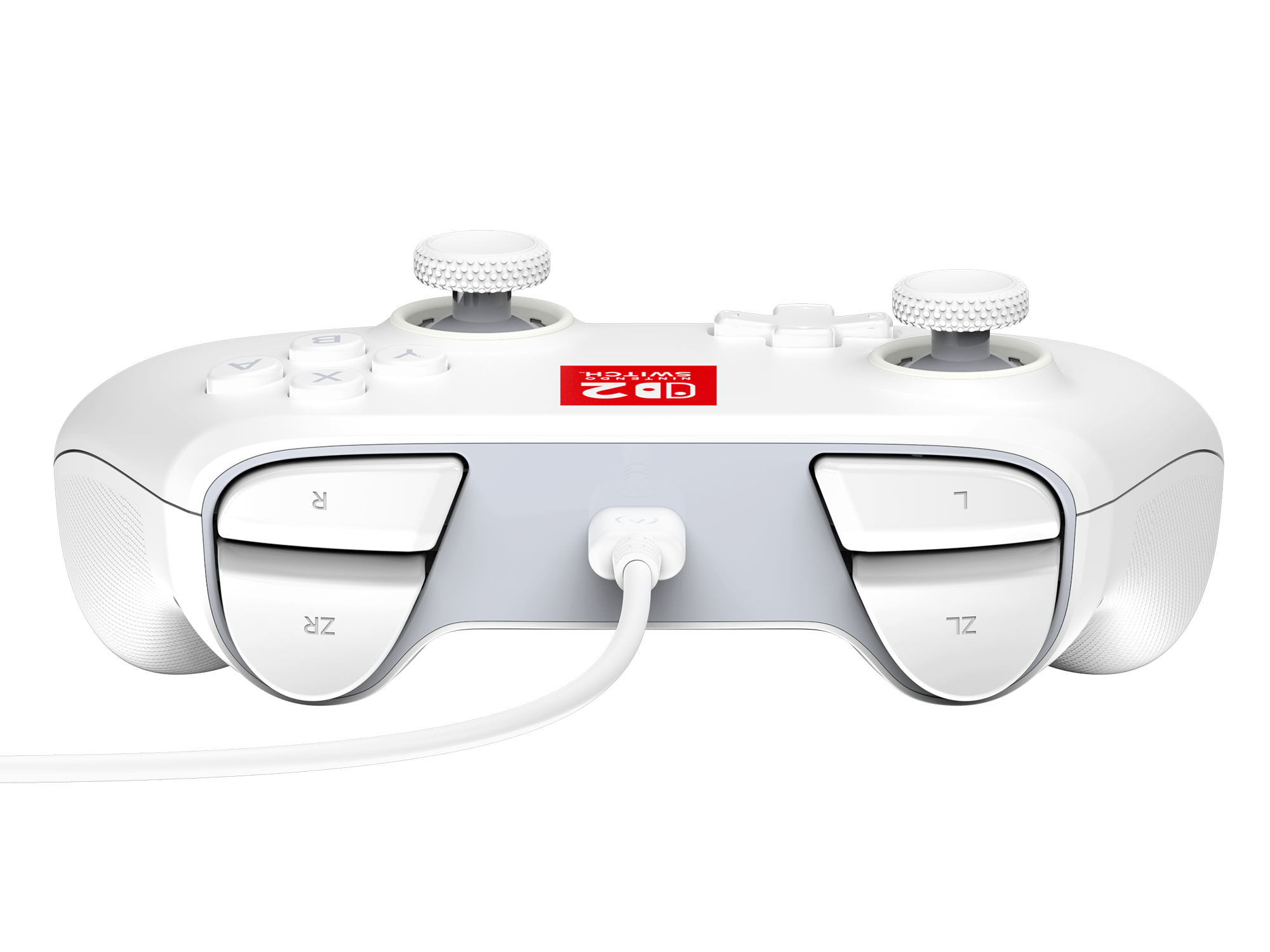 Beyaz Nintendo Switch kontrolcüsü. Düğmeler, joystickler ve bir şarj portu bulunur. Kontrolcü beyaz bir kabloya bağlıdır.