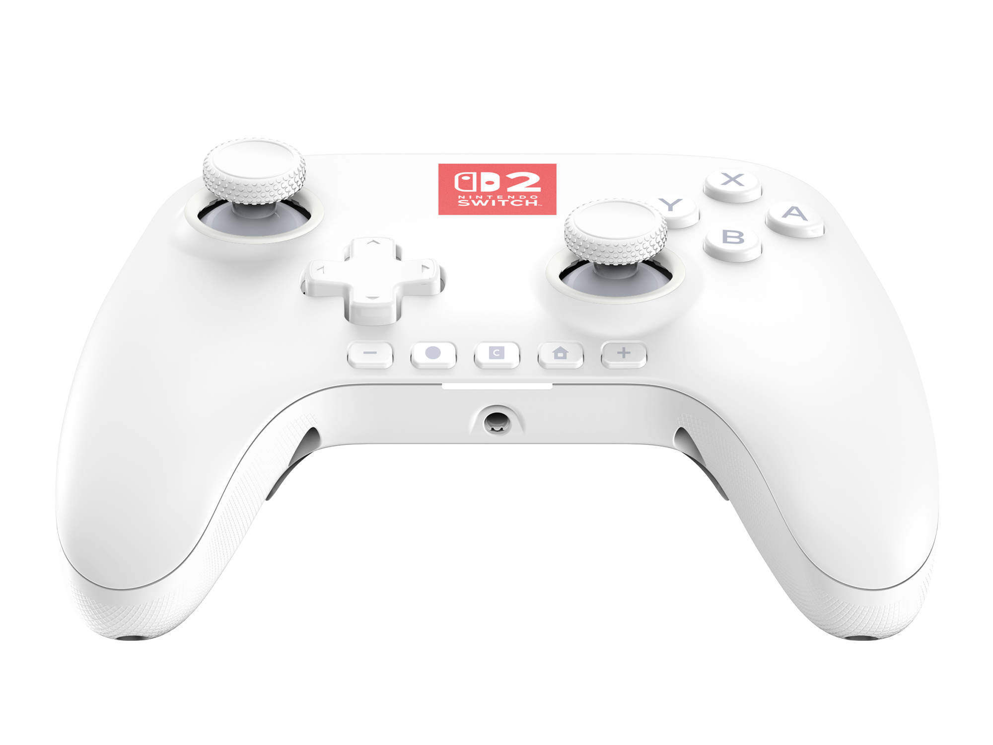 Beyaz bir Nintendo Switch kontrolcüsü. Düğmeleri, joystickleri ve bir D-pad'i vardır. Nintendo Switch logosu görünür.