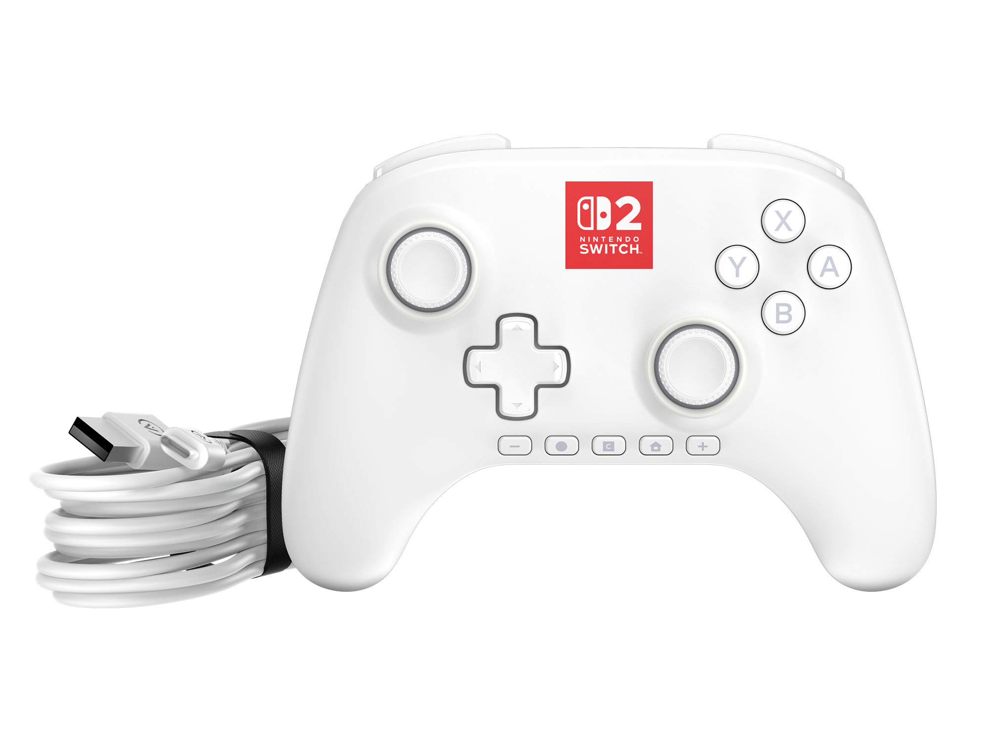Beyaz Nintendo Switch kontrolcüsü ve kablosu. Düğmeler, joystickler ve Nintendo Switch logosu.