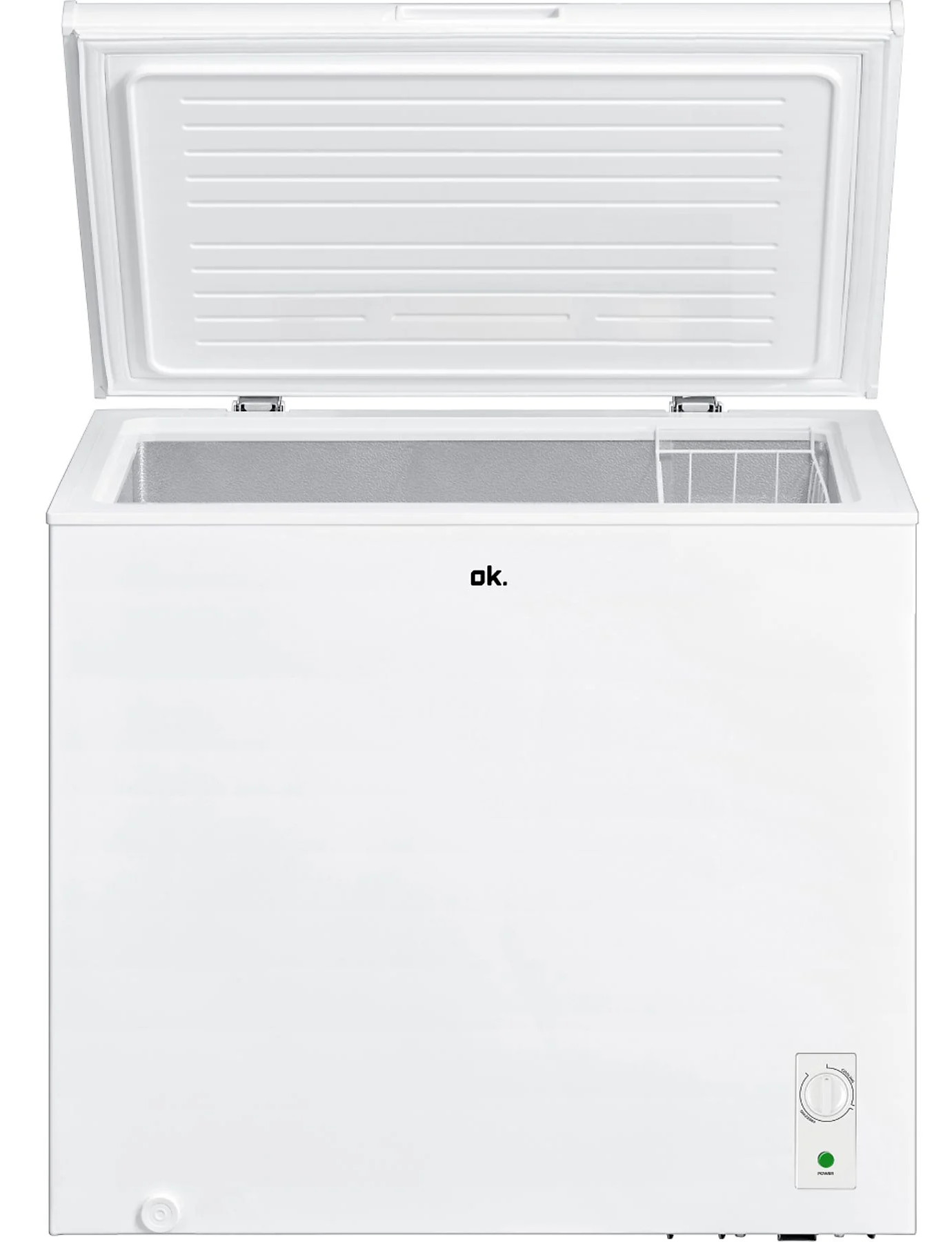 Biała zamrażarka skrzyniowa z otwartą pokrywą. Wnętrze jest widoczne. Panel sterowania z przyciskiem zasilania znajduje się z boku.