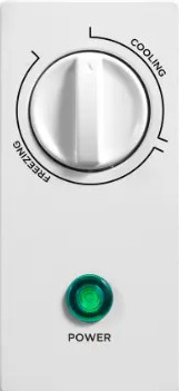 Biały panel z pokrętłem z napisem 'Freezing' i 'Cooling'. Zielone światło 'Power' świeci poniżej.