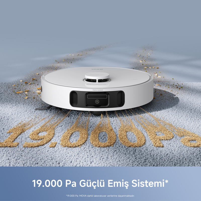 Gri halı üzerinde beyaz robot süpürge. '19.000 Pa' enkazla yazılmış. Altında metin: 'Güçlü Emiş Sistemi'.