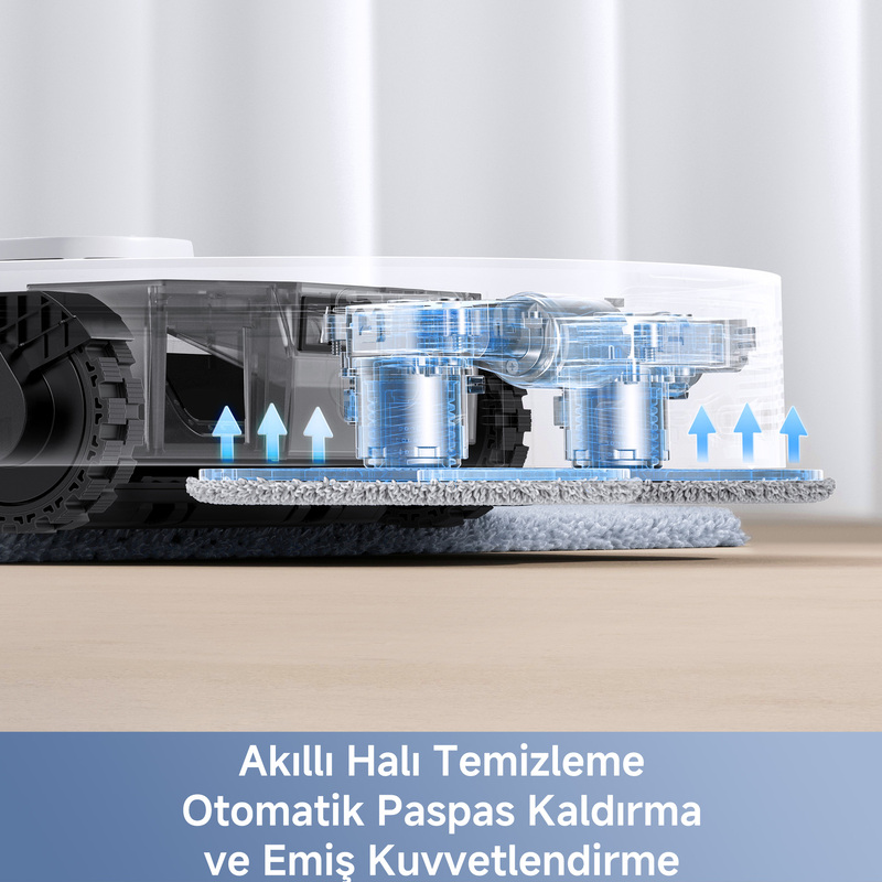 Şeffaf bileşenlere ve mavi hava akışı göstergelerine sahip bir robot süpürge. Temizlik pedi ve altta metin var.