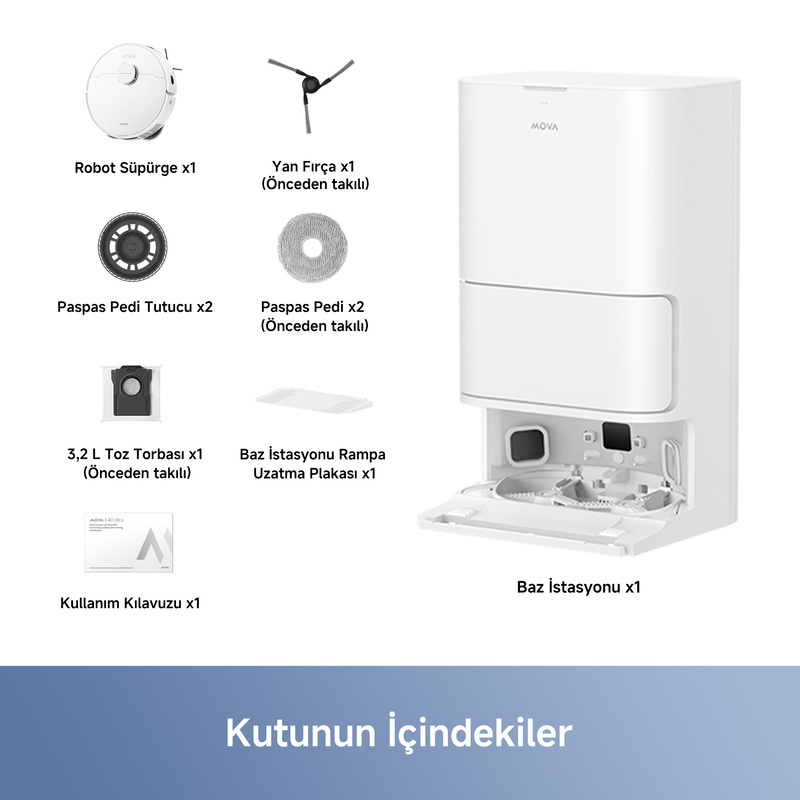 Görsel, aksesuarlarıyla birlikte bir robot süpürgeyi gösteriyor. Bir baz istasyonu, yan fırçalar, temizleme pedleri ve bir toz torbası içerir.