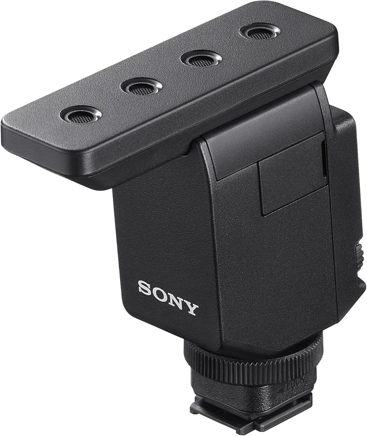 Siyah Sony mikrofon, 3 dairesel ızgaraya sahip. Döner bir tabana sahip ve Sony logosu görünür durumda.