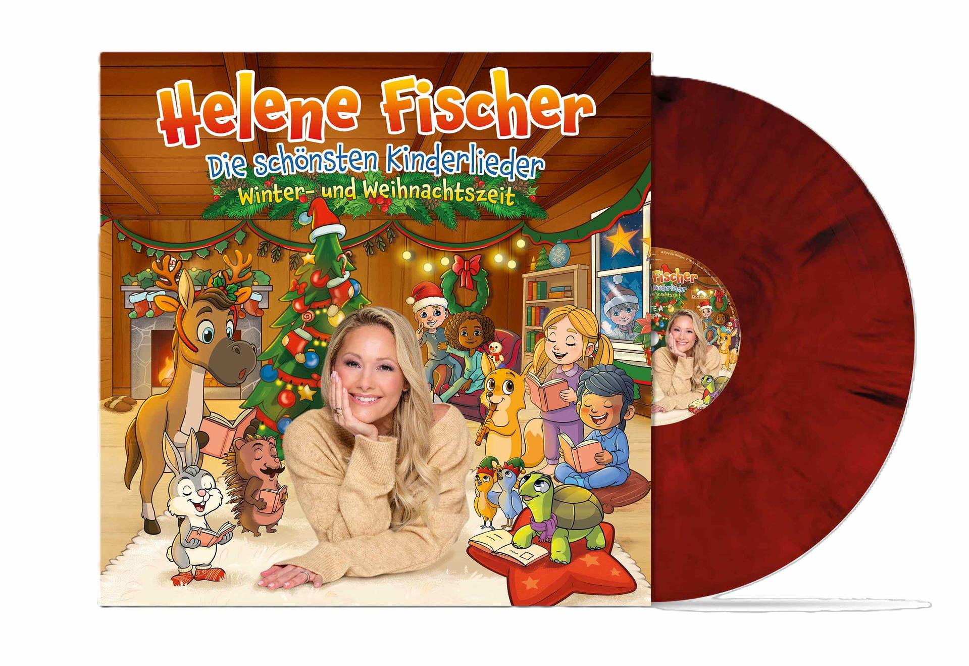 Albumcover: Helene Fischer, Weihnachtsthema, mit Tieren und Kindern. Vinyl-Schallplatte auf der rechten Seite.