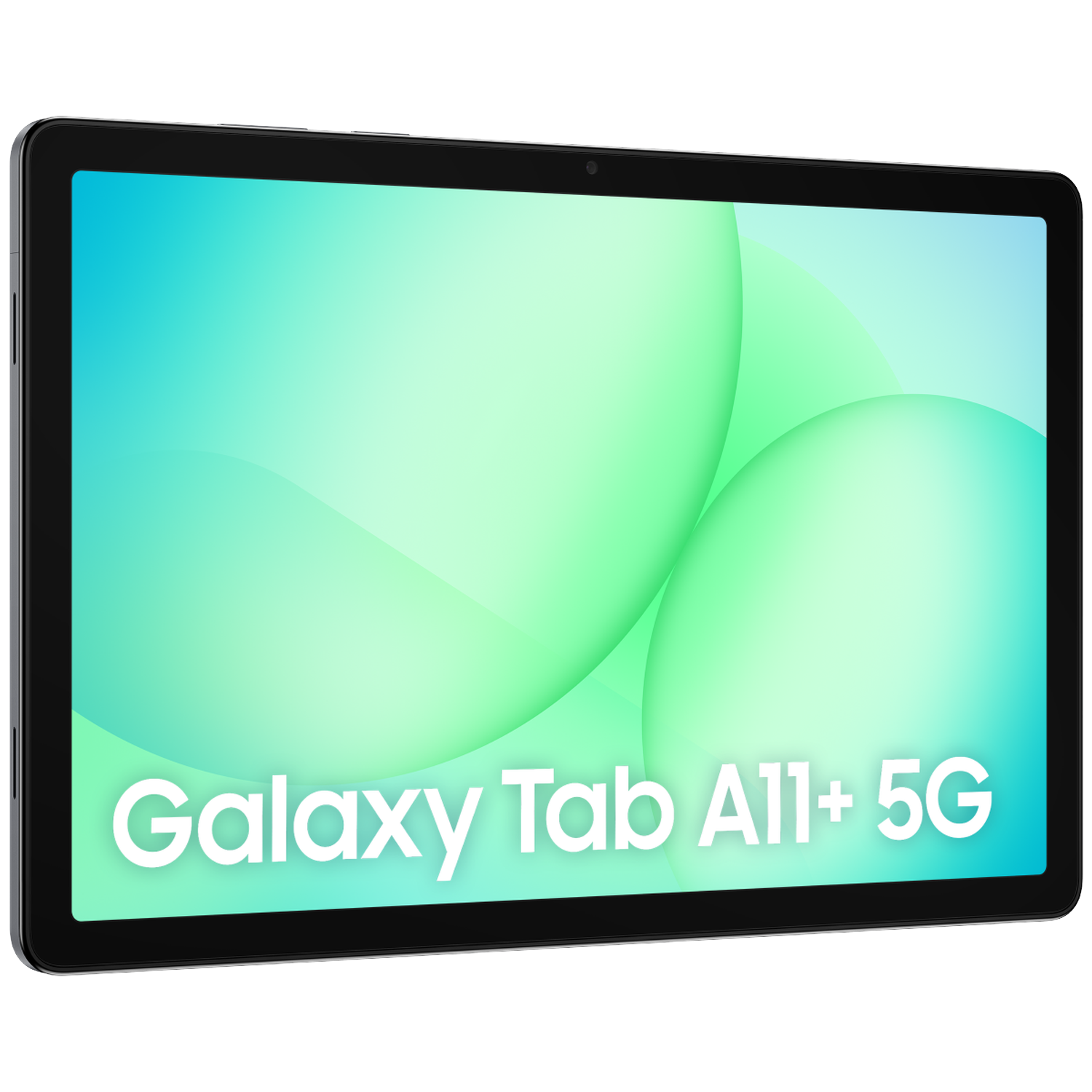 Een zwarte Samsung Galaxy Tab A11+ 5G tablet wordt weergegeven. Het scherm toont een groen en blauw verloop met witte tekst.