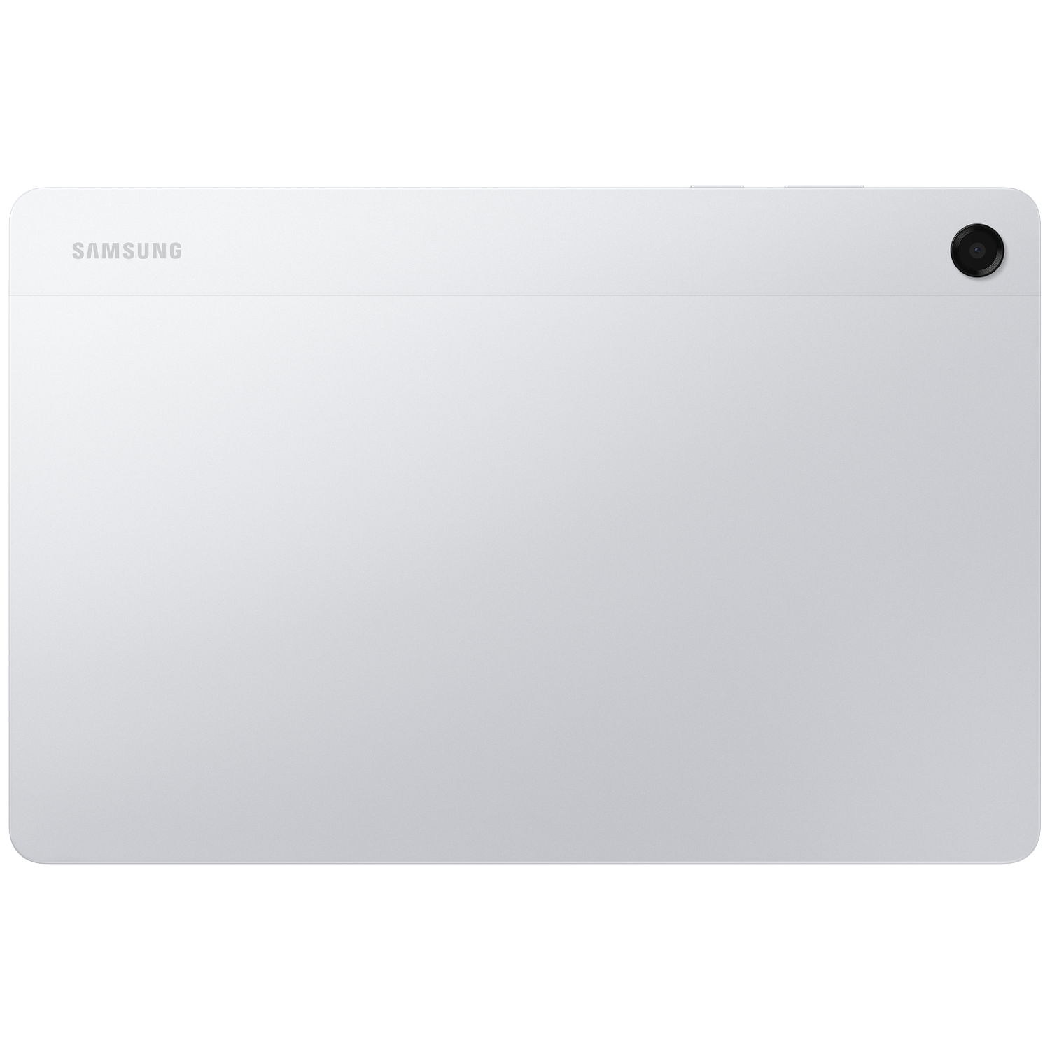 Achterkant van een witte Samsung-tablet. Het woord Samsung staat linksboven. Een cameralens bevindt zich rechtsboven.