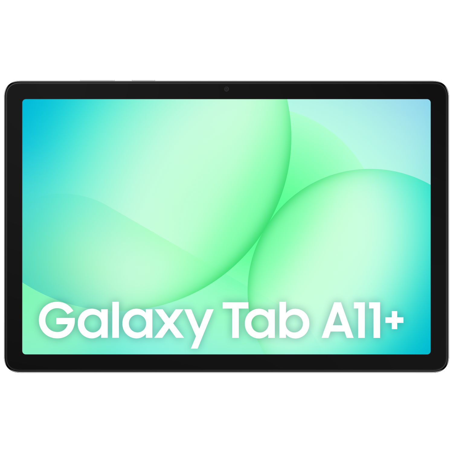 Een Galaxy Tab A11+ tablet. Het scherm toont een groen en blauw verloop met de naam van de tablet in witte letters.