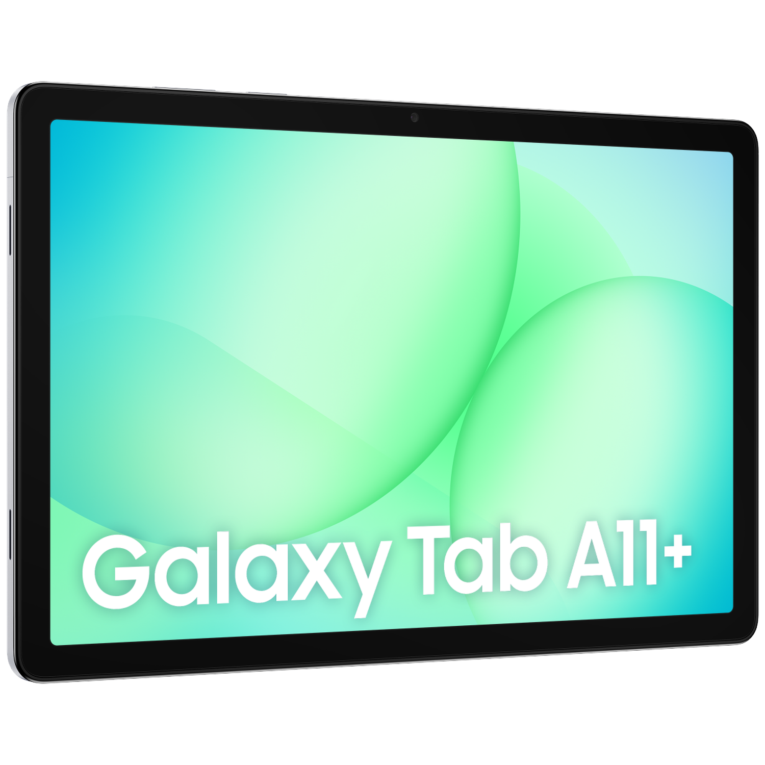 Een Galaxy Tab A11+ tablet. Het scherm toont een groen-blauwe gradiënt met de naam van de tablet in het wit.