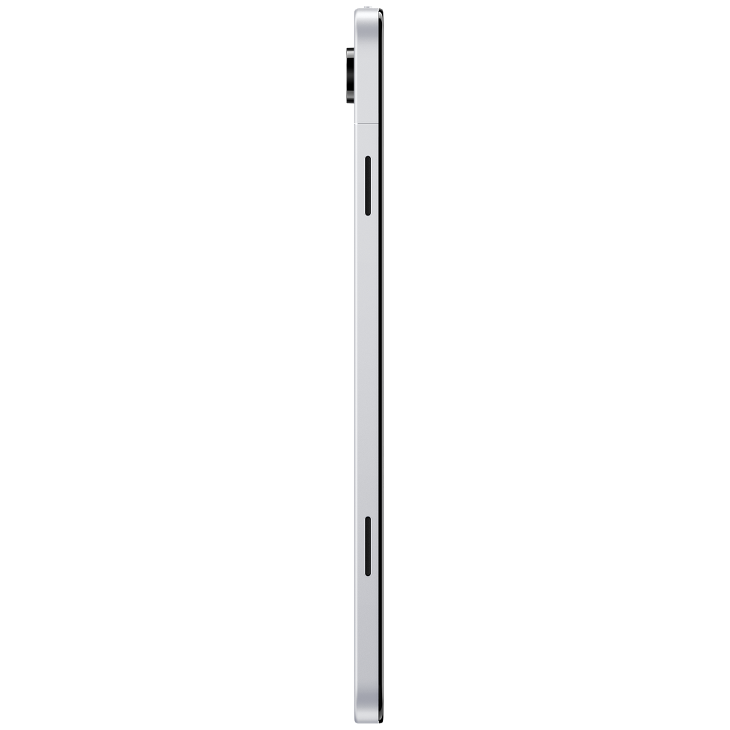 Zijaanzicht van een zilveren tablet. Een zwarte cameralens is zichtbaar aan de bovenkant. De zijkant heeft een zwarte streep en een kleine knop.