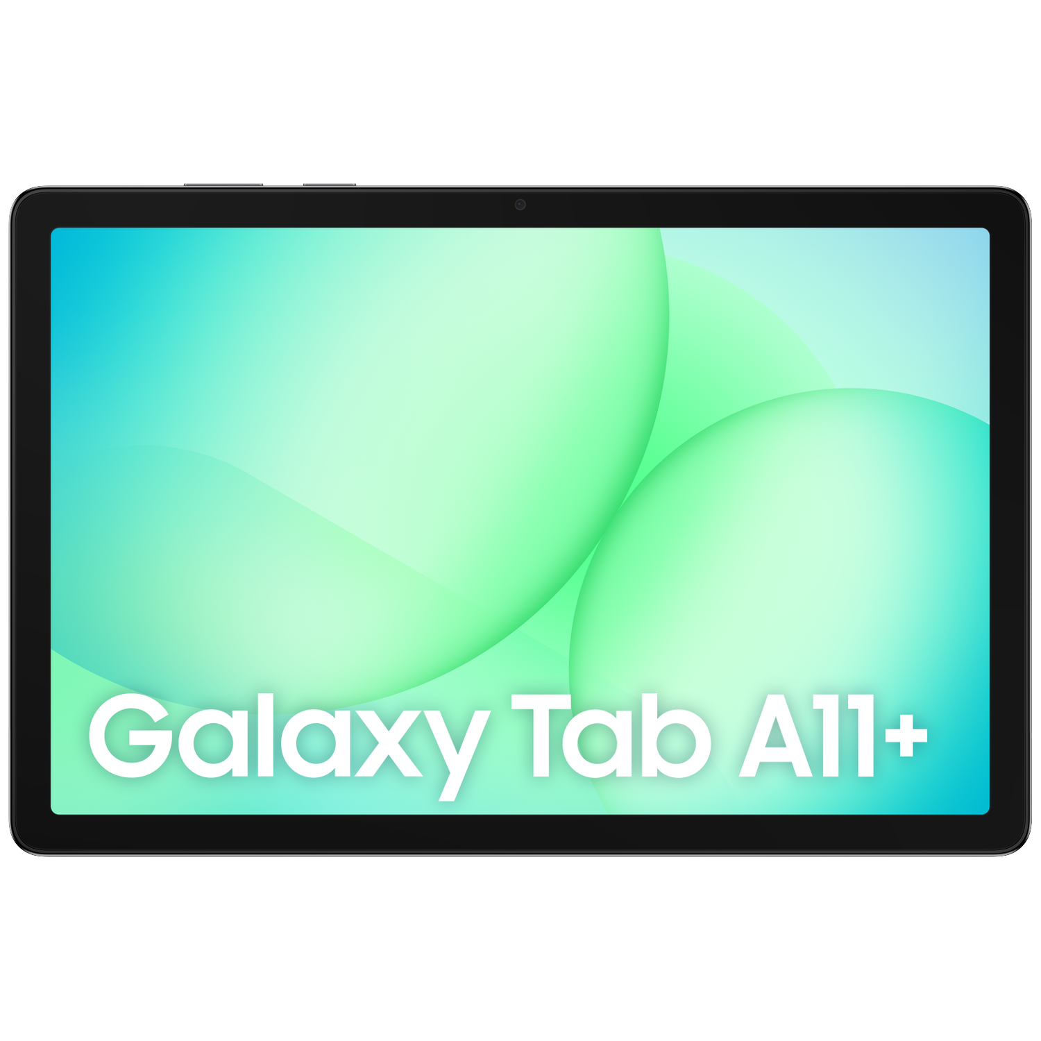 A black Samsung Galaxy Tab A11+ tablet. The screen displays a green and blue gradient with the name Galaxy Tab A11+.