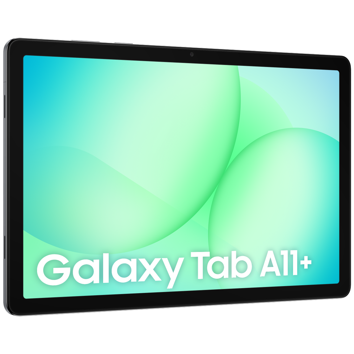 A black tablet with a screen displaying a green and blue gradient with the text 'Galaxy Tab A11+' in white.