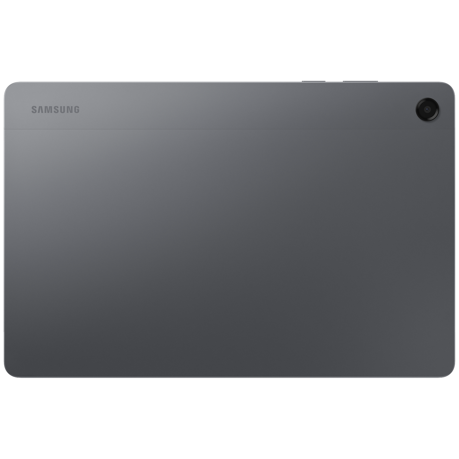 The back of a grey Samsung tablet. It has a camera, buttons, and the Samsung logo. The tablet is on a white background.