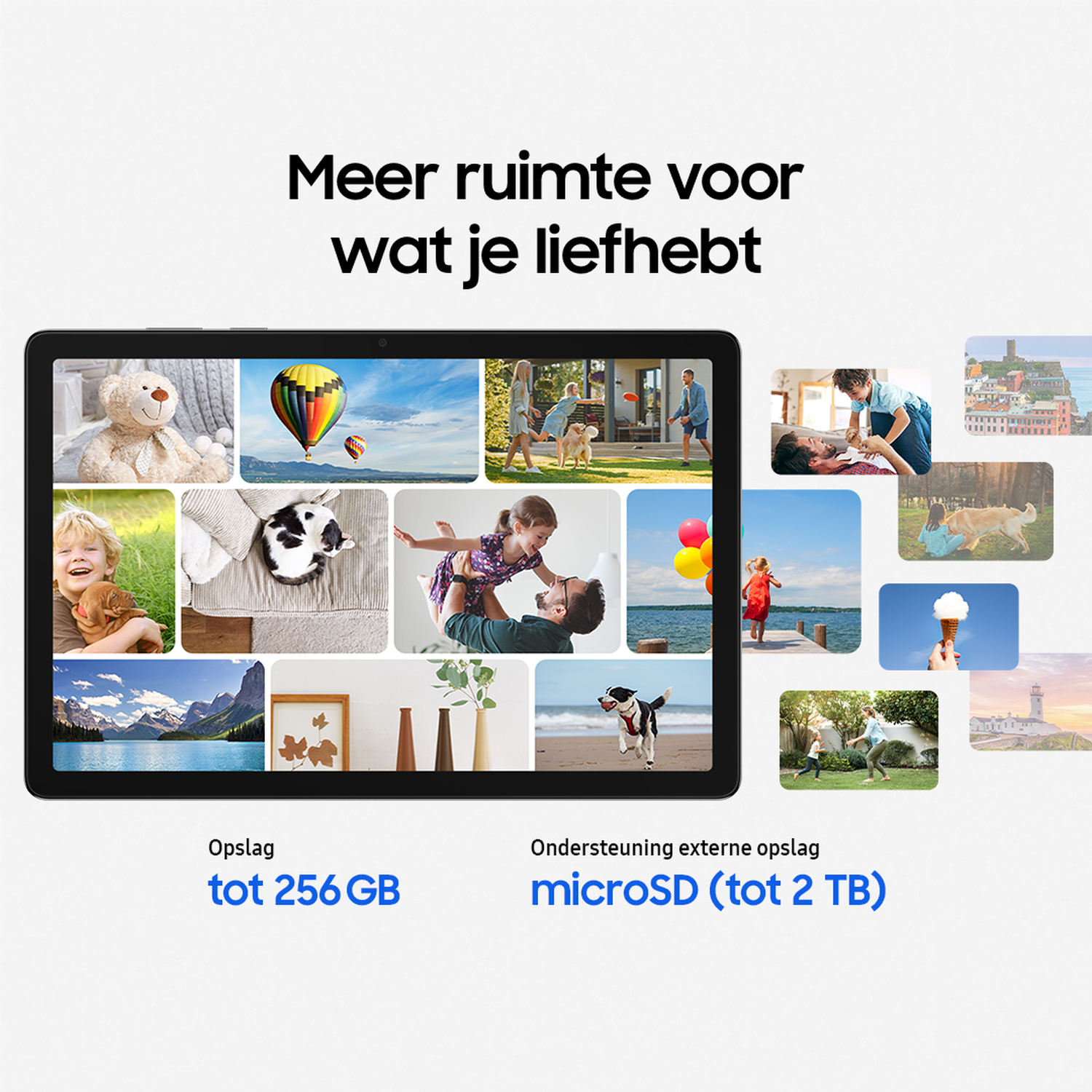 Tablet showing family photos, text reads 'More space for what you love'. Storage capacity is 256GB and microSD up to 2TB.