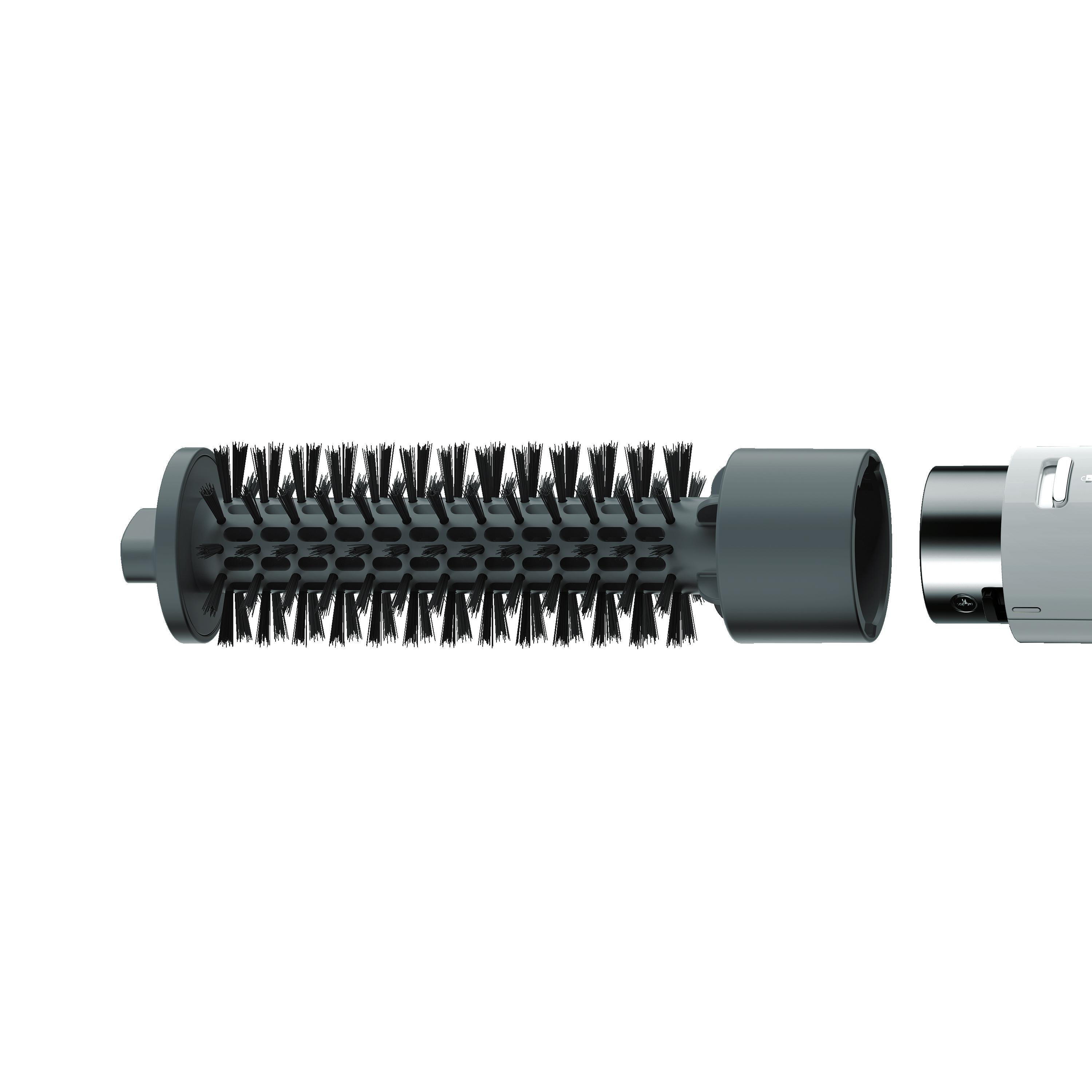 Haarstyling-Werkzeug mit Bürste und Griff, getrennt. Die Bürste ist zylindrisch mit schwarzen Borsten, der Griff ist grau und weiß.