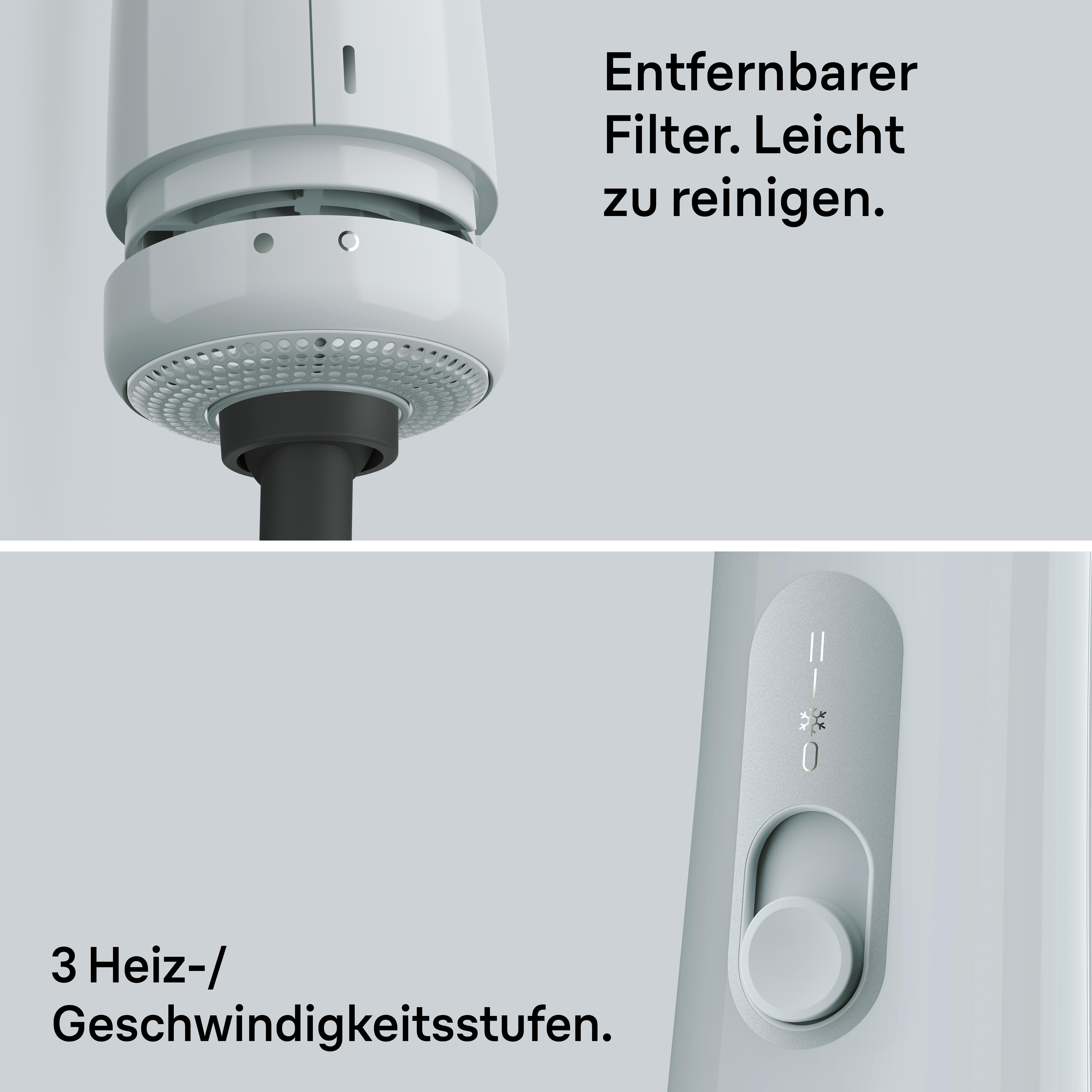 Das Bild zeigt ein weißes Geräteteil mit Filter oben und Bedienfeld mit Knopf unten.