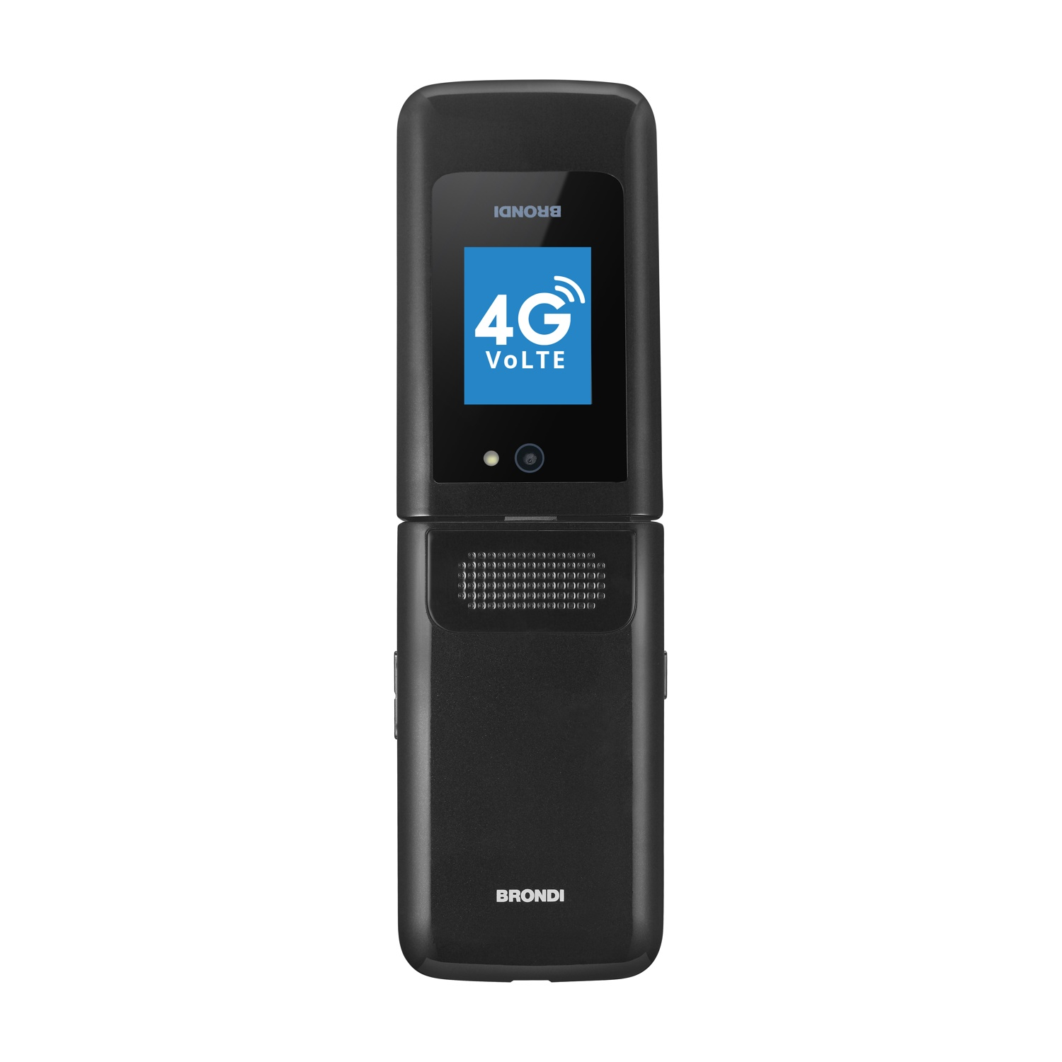 Telefono flip nero con schermo aperto, che mostra un logo 4G VoLTE. Il telefono ha il marchio BRONDI.