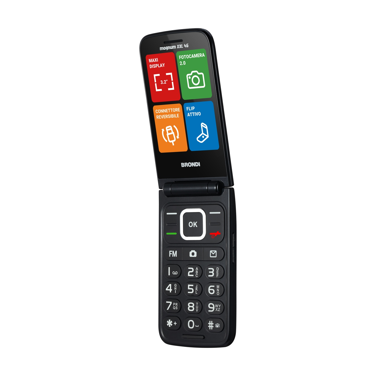 Un telefono a conchiglia nero è aperto, mostra pulsanti e schermo. Icone colorate indicano le funzioni. Il telefono è su sfondo bianco.