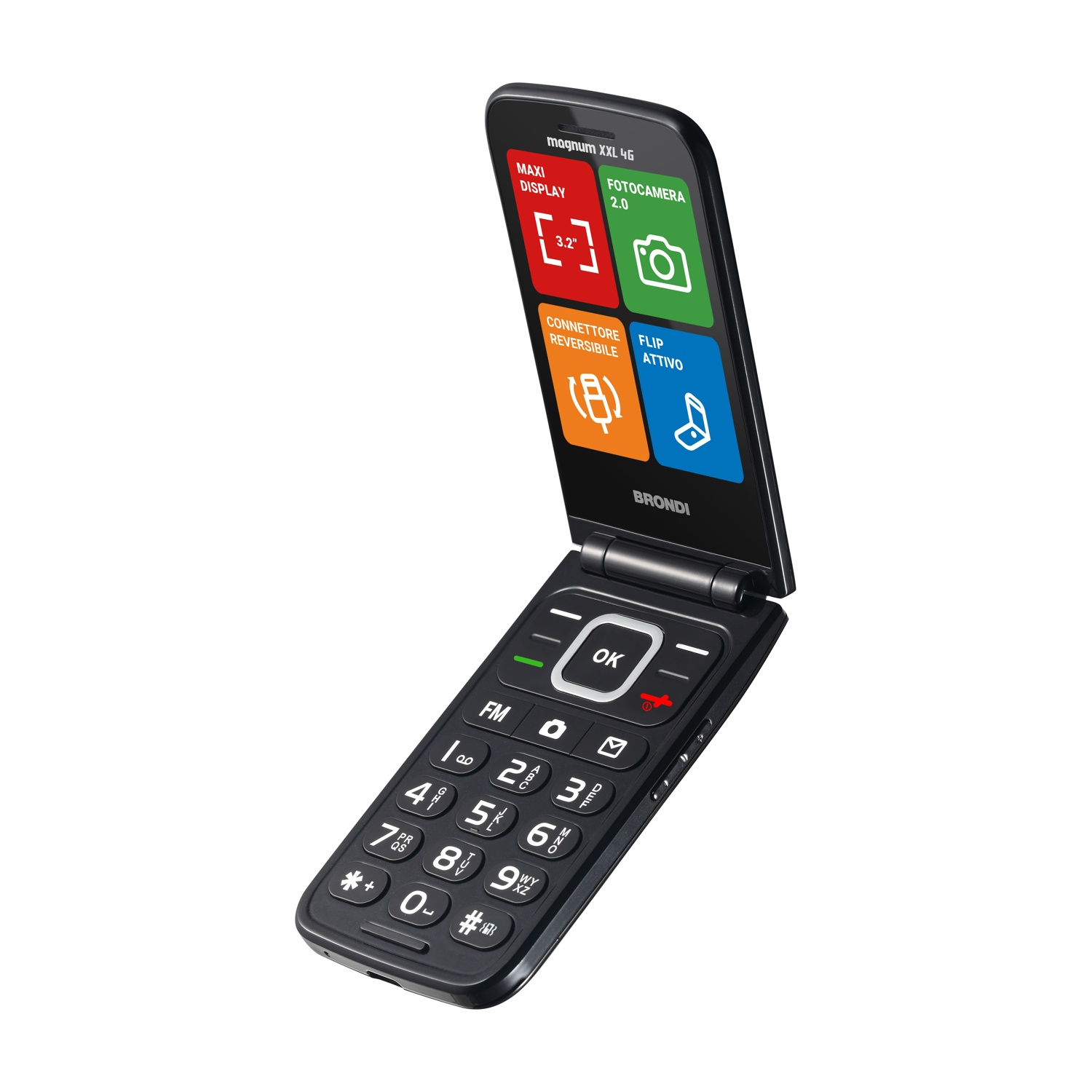 Un telefono a conchiglia nero, aperto, con tastiera numerica e schermo con icone. Il marchio 'BRONDI' è visibile.