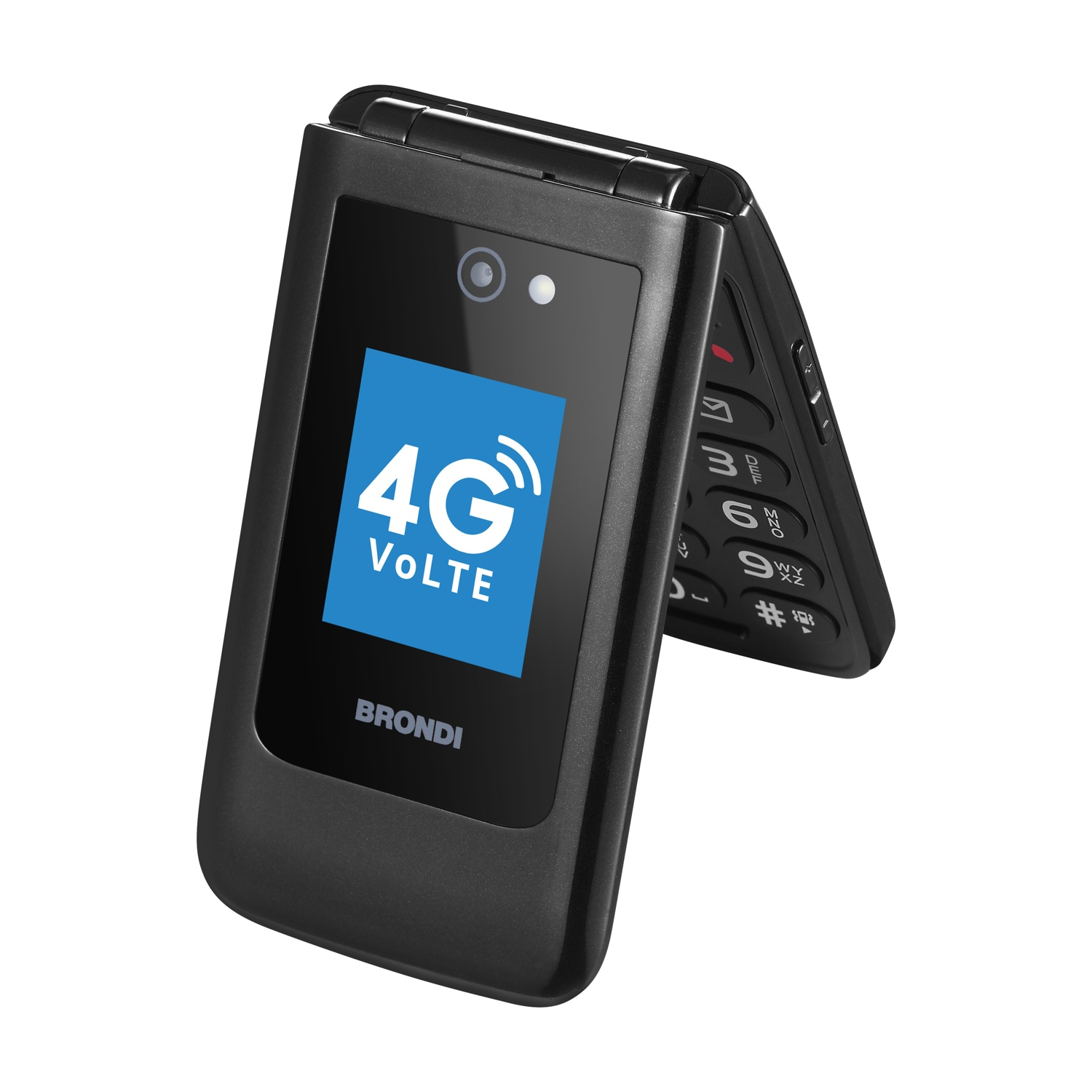 Un telefono a conchiglia nero, parzialmente aperto, che mostra uno schermo con '4G VoLTE' e il marchio 'Brondi'.