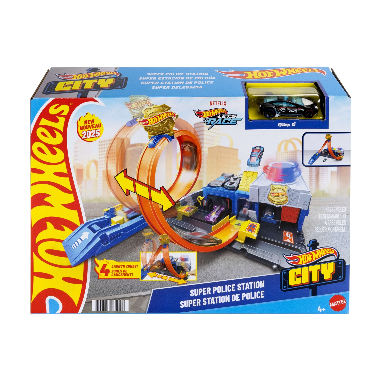Playset Hot Wheels City Super Stazione di Polizia. La scatola mostra una stazione di polizia con pista, un anello e una piccola auto della polizia.